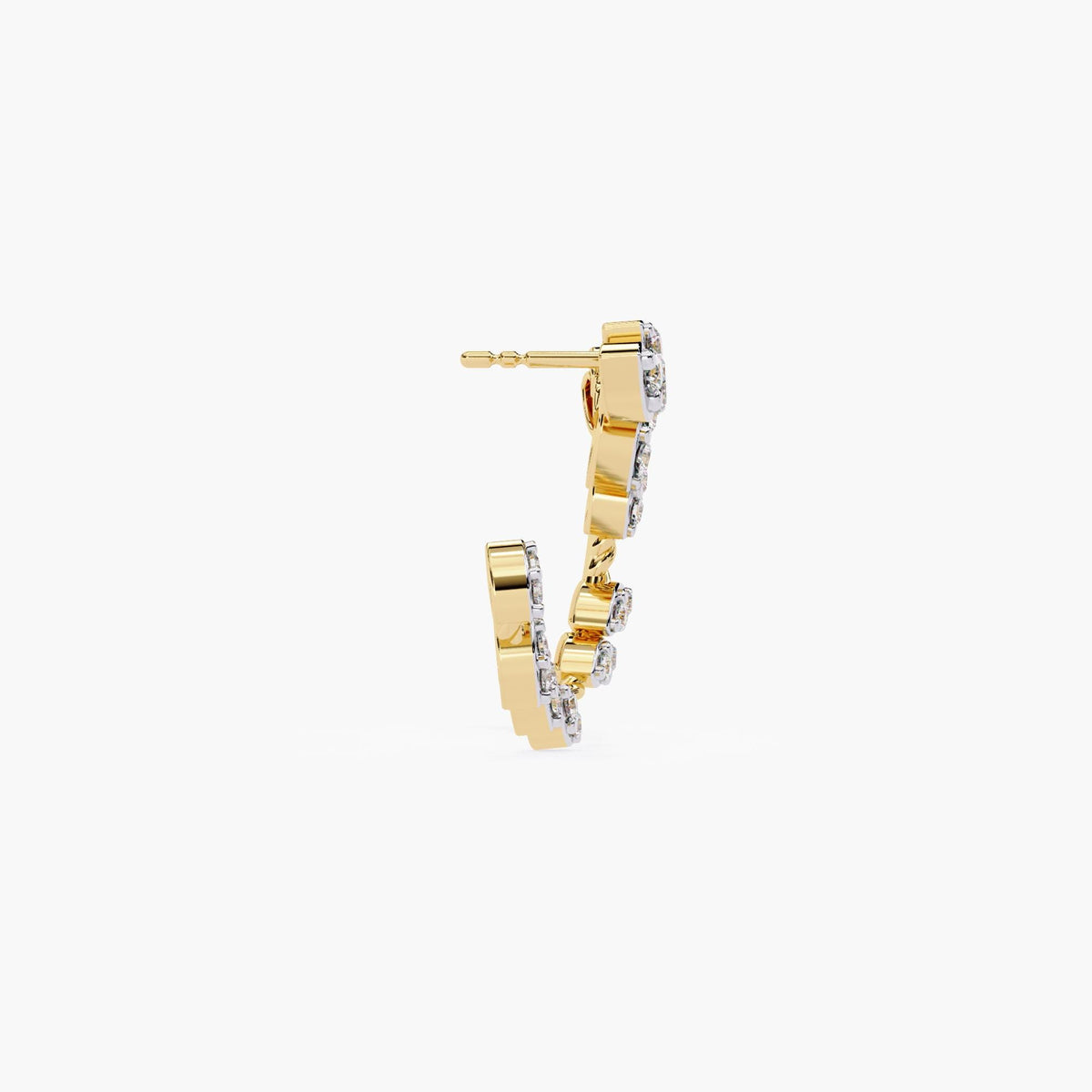 A pair of gold earrings with marquise cut diamonds.