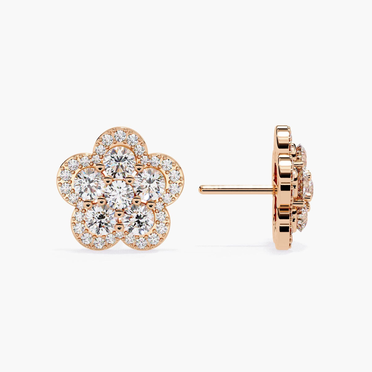 14K Gold Round Lab Grown Diamond Floral Stud Earrings, 1 CTW