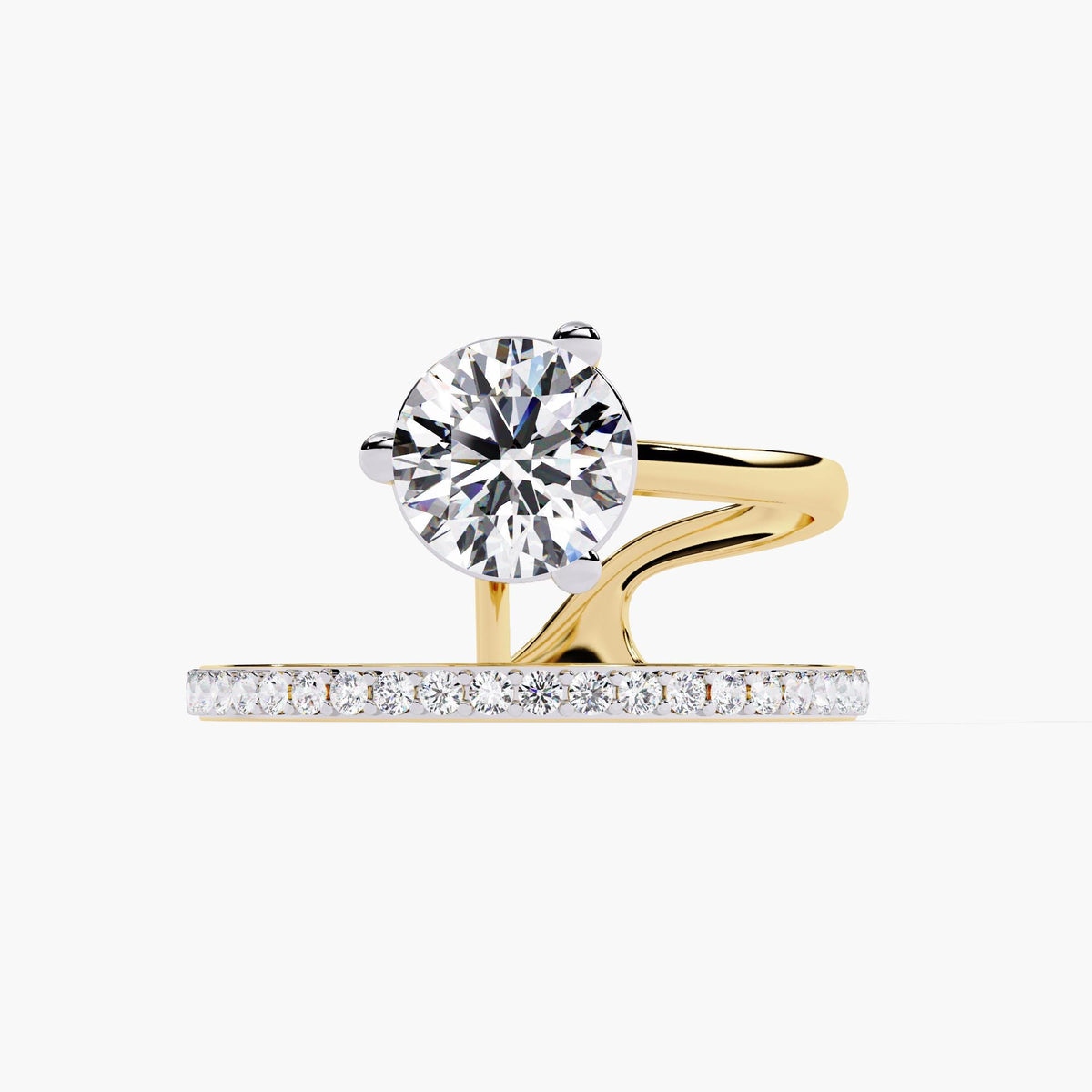 A gold engagement ring with a round brilliant cut diamond center stone and a pave diamond band. The band is split and wraps around the center stone.