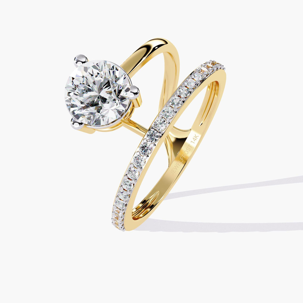 A gold engagement ring with a round brilliant cut diamond center stone and a pave diamond band. The band is split and wraps around the center stone.