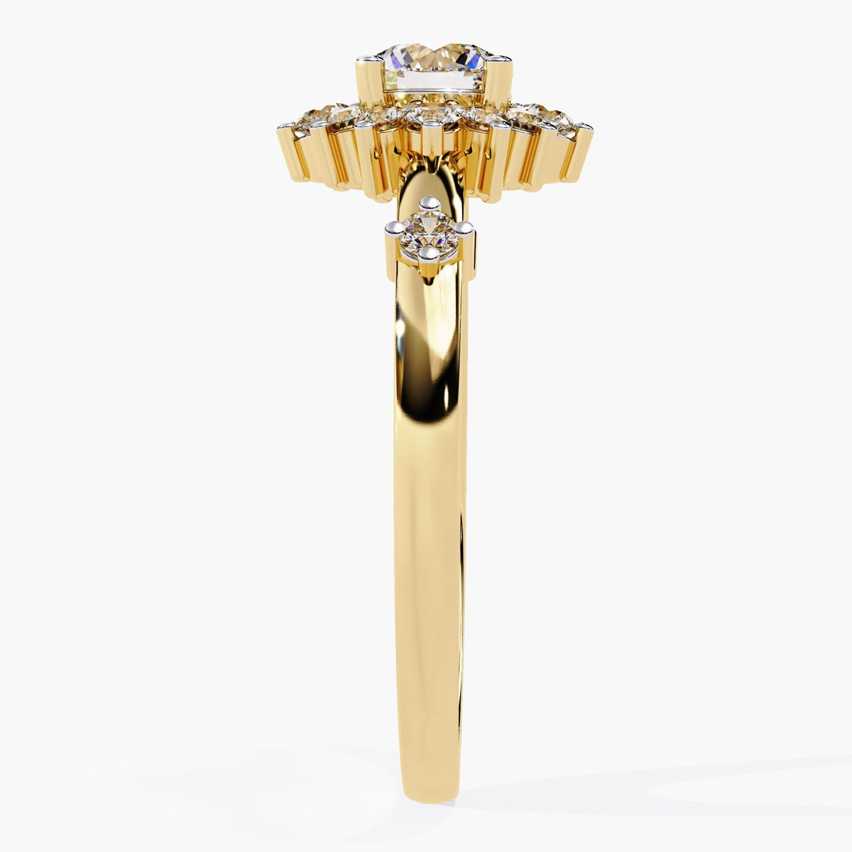 A gold ring with a large, round, clear diamond surrounded by a halo of smaller diamonds.