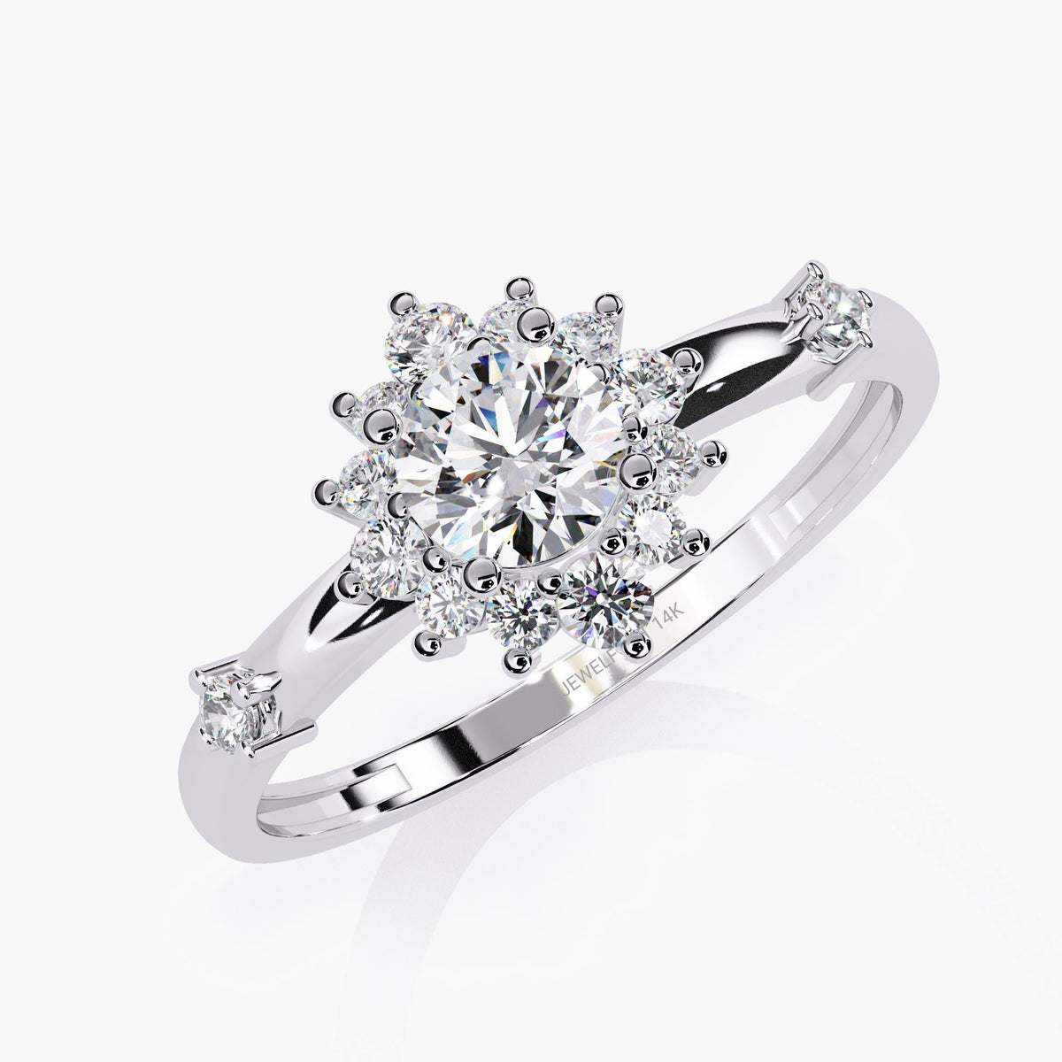 A white gold ring with a large, round, clear diamond surrounded by a halo of smaller diamonds.