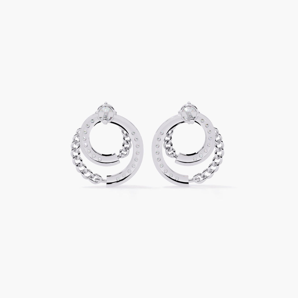 Angled front view of white gold double circle earrings with chain and diamonds.