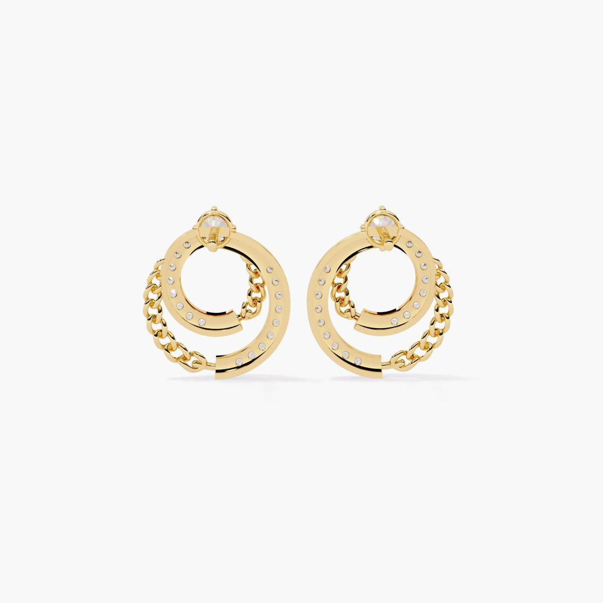 Back view of Yellow gold open circle diamond stud earrings with chain detailing, front view.