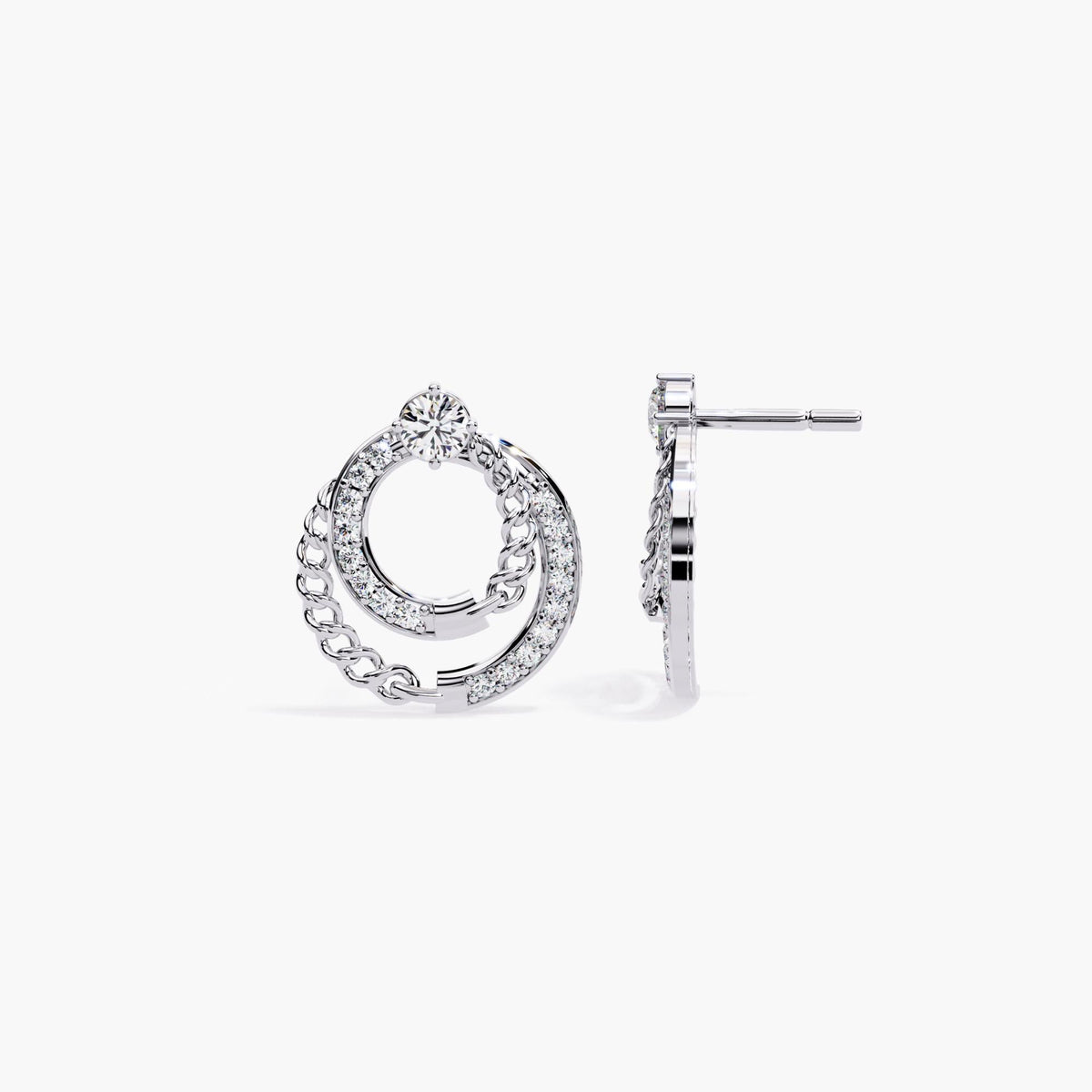 Side view of white gold diamond and chain open circle stud earrings.