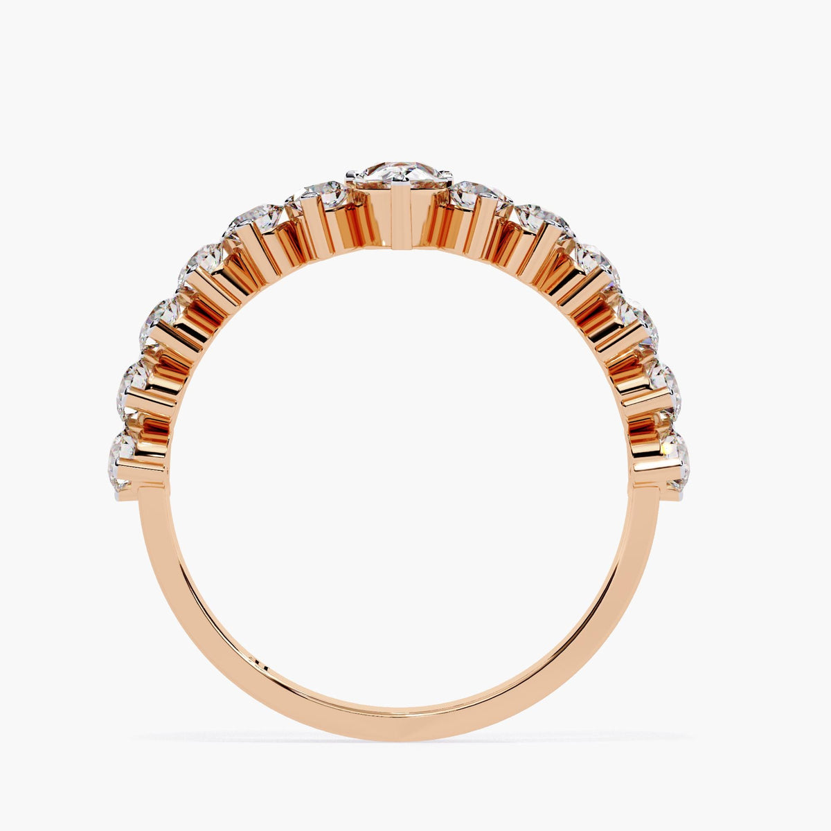 A rose gold band with a row of small, clear diamonds set in a curved arch shape.