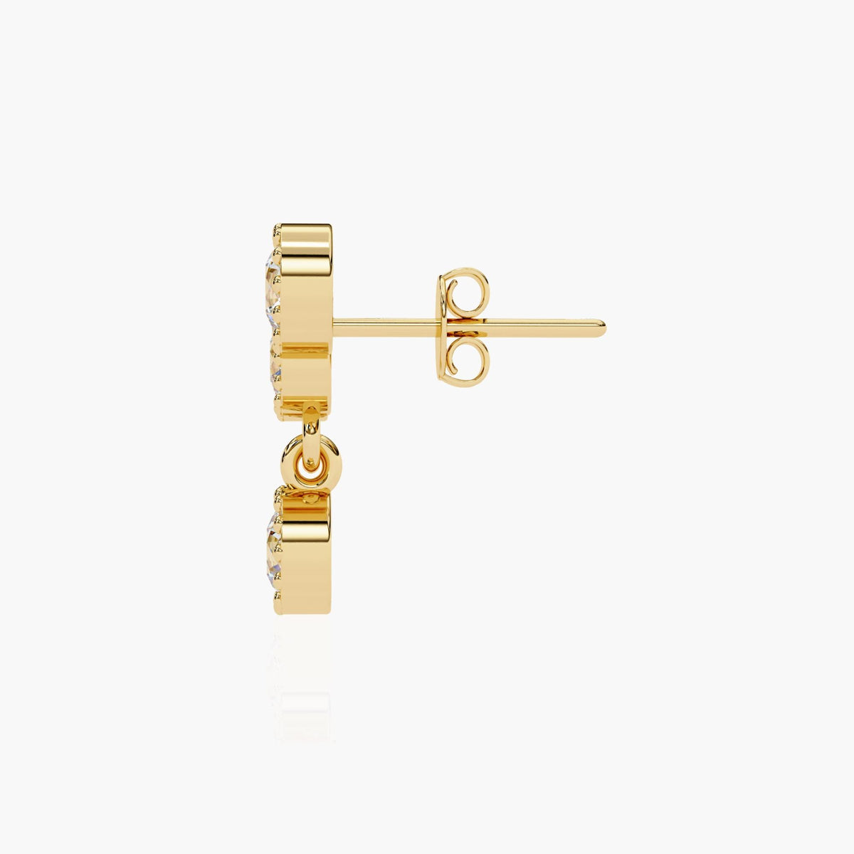 A gold diamond ear climber earrings with a drop down round shaped diamond.