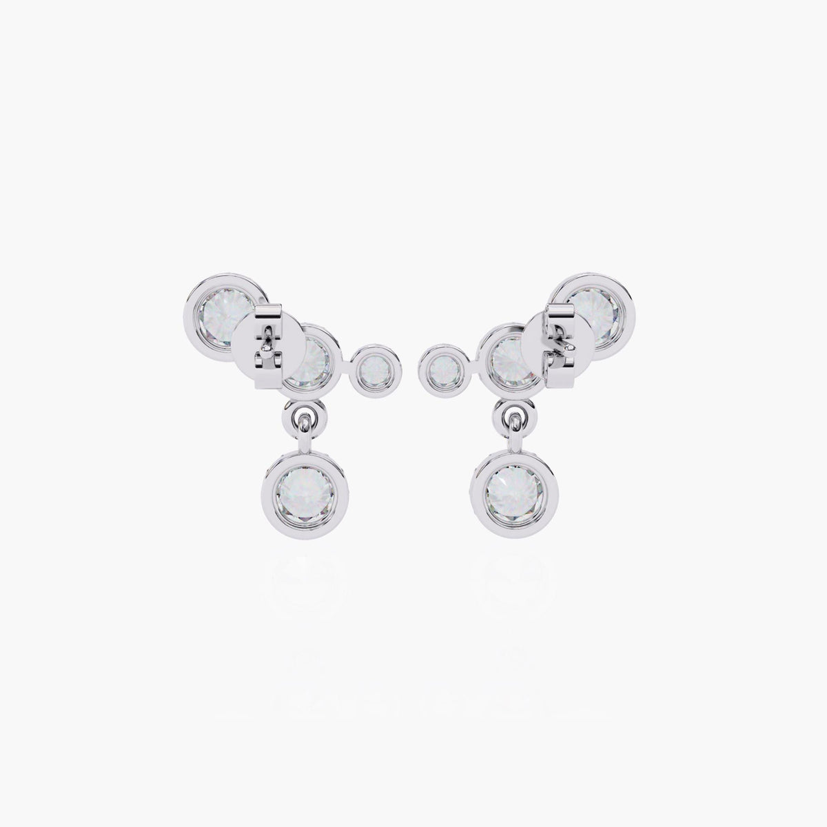 A white gold diamond ear climber earrings with a drop down round shaped diamond.