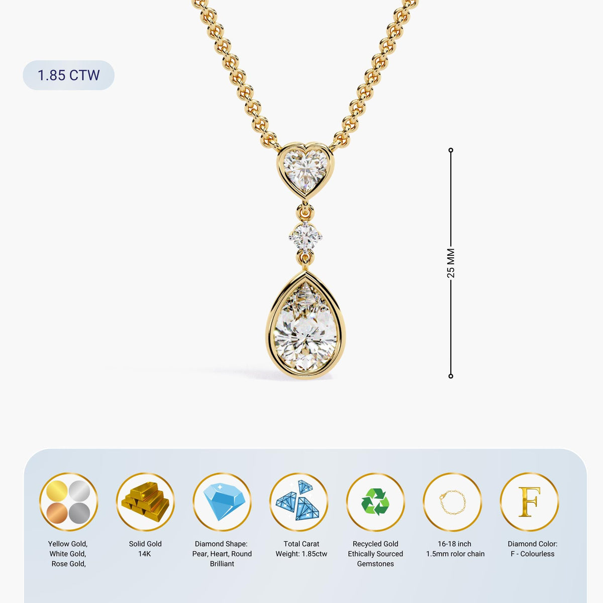 14K Gold Pear & Heart Cut Lab Grown Diamond Necklace, 1.85 CTW, 16-18 Inch