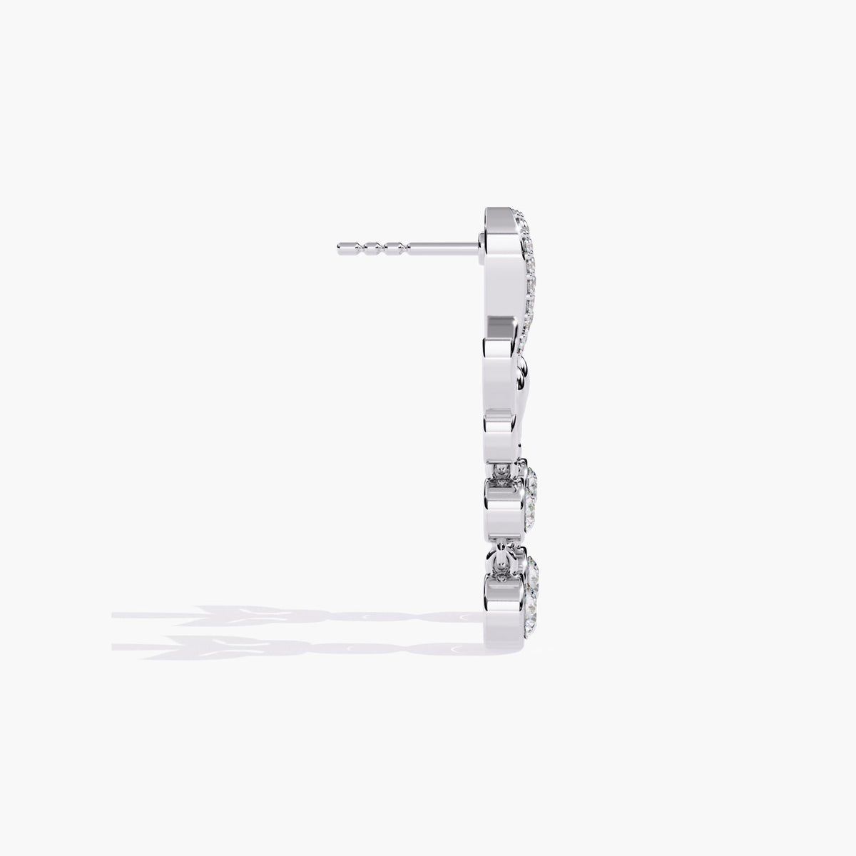 A pair of white gold dangle earrings with a butterfly design and a drop down round cut diamonds.
