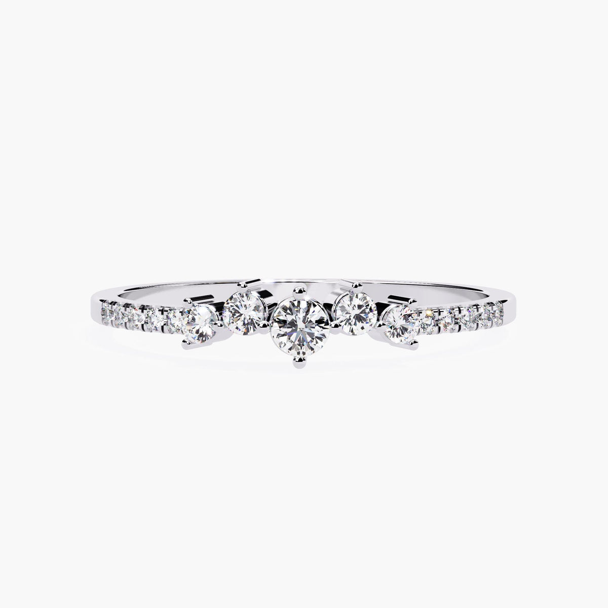 A white gold band ring with a row of small diamonds and five larger diamonds in the center.