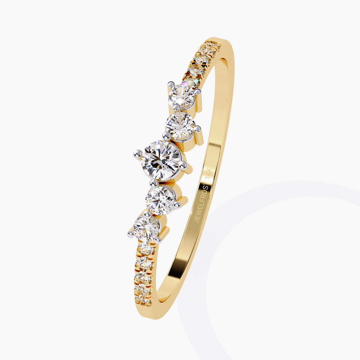 Angled view of a 14k yellow gold cluster ring with a center round diamond, flanked by smaller round diamonds and pavé-set stones along the band. “JEWELFROST 14K” engraved inside.