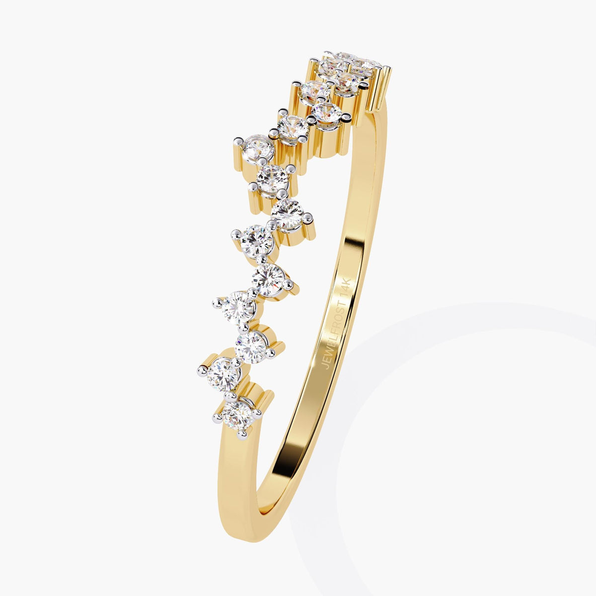 Angled view of a 14k yellow gold curved band with 17 round natural diamonds set in prongs, highlighting the soft arc and slim gold shank engraved with “Jewel Frost 14K.”