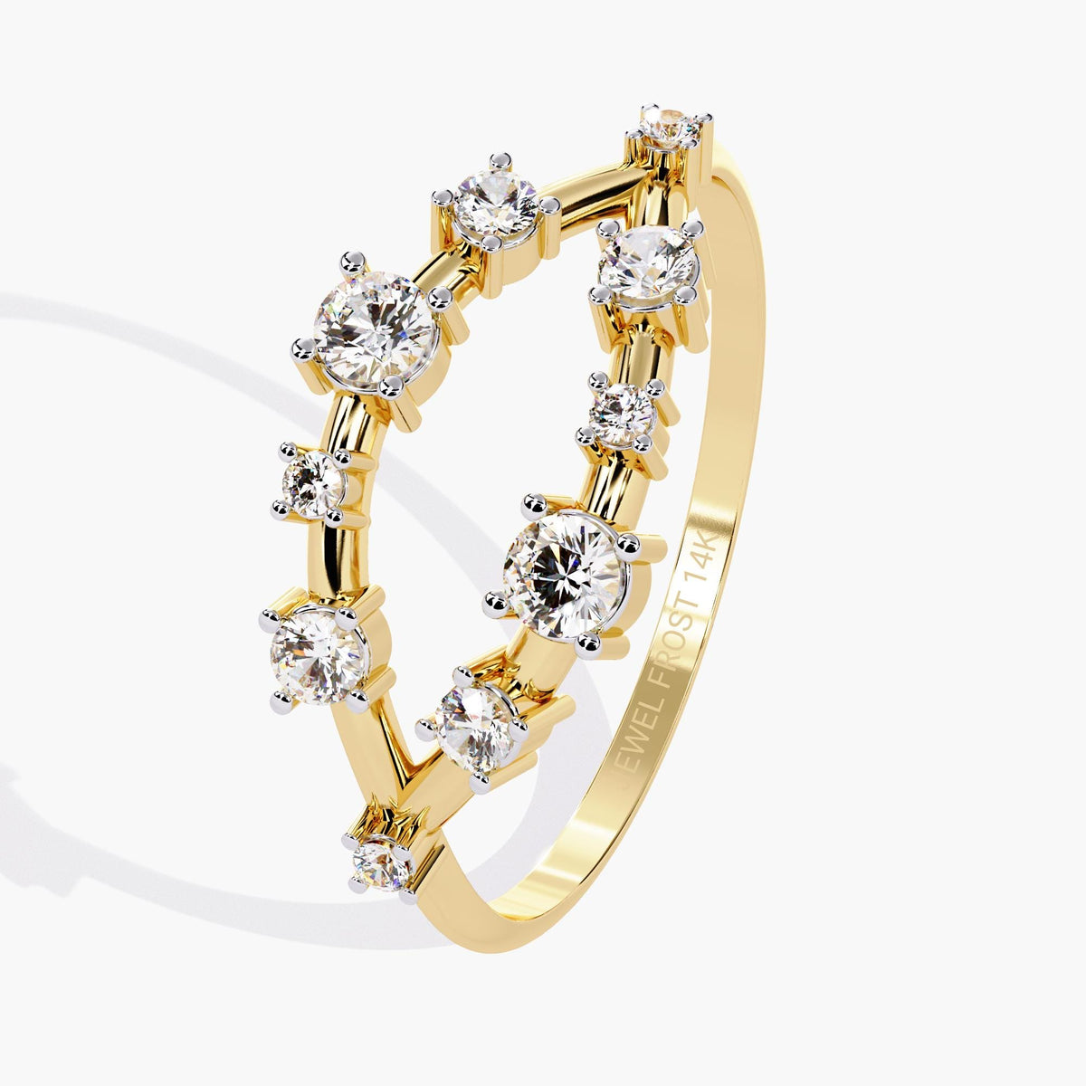 Angled view of a 14K yellow gold double-row ring showcasing round diamonds in classic 4-prong settings. The stones alternate between larger and smaller sizes along two gently curved bands that meet in a subtle V-shape, highlighting both the open gallery and the “Jewel Frost 14K” hallmark inside.