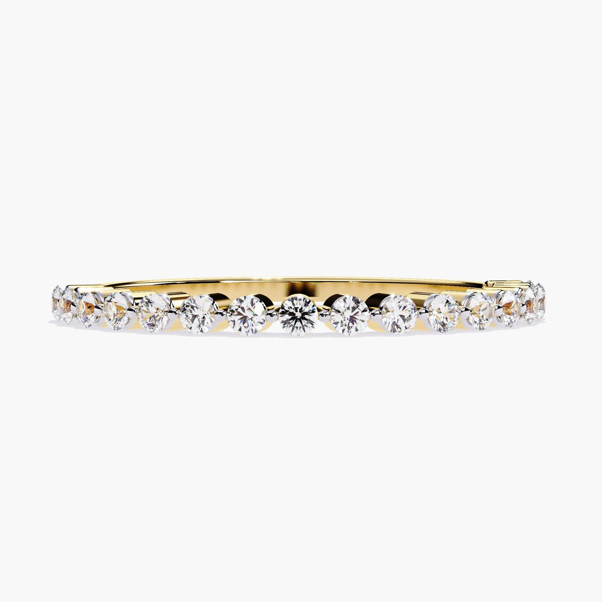 Front view of a half eternity band in 14k yellow gold featuring round lab-grown diamonds in a floating single prong setting, showcasing an ultra-thin profile. This minimalist diamond band maximizes light and brilliance with minimal metal, making it perfect for everyday wear or stacking.