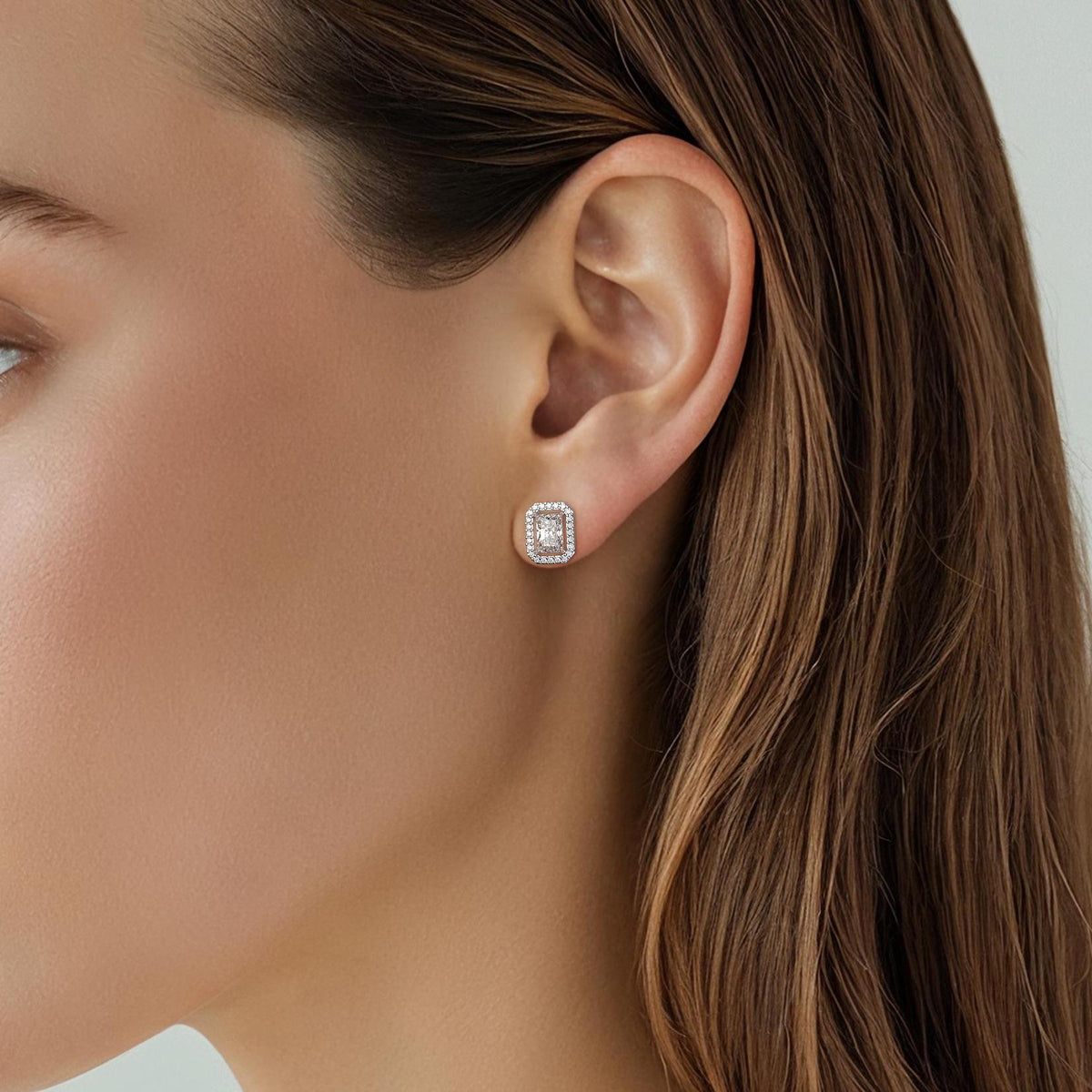14K Gold Radiant Cut Halo Lab Grown Diamond Stud Earrings