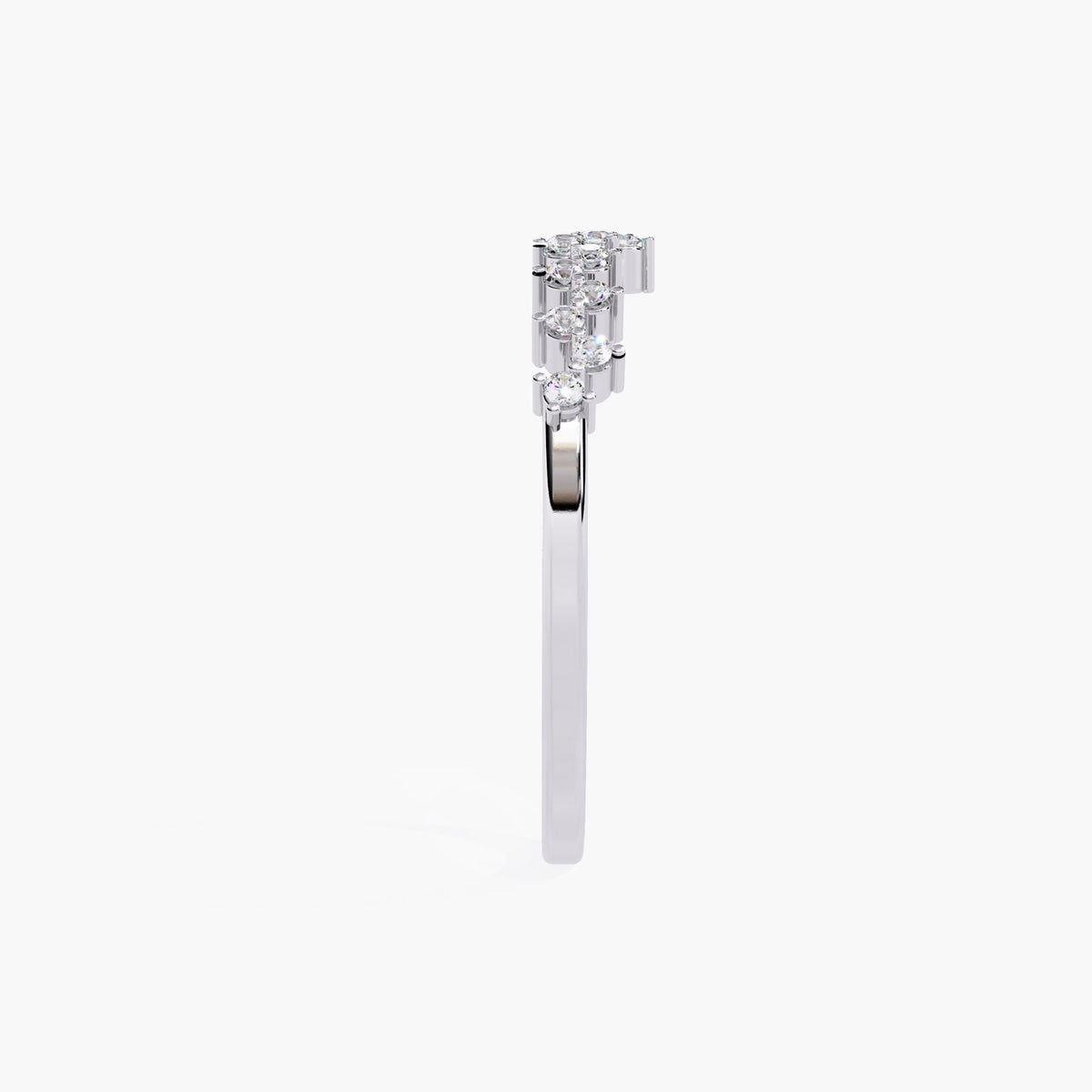 Side profile of a 14k white gold curved wedding band, showing the slim band and natural diamonds in a prong setting.