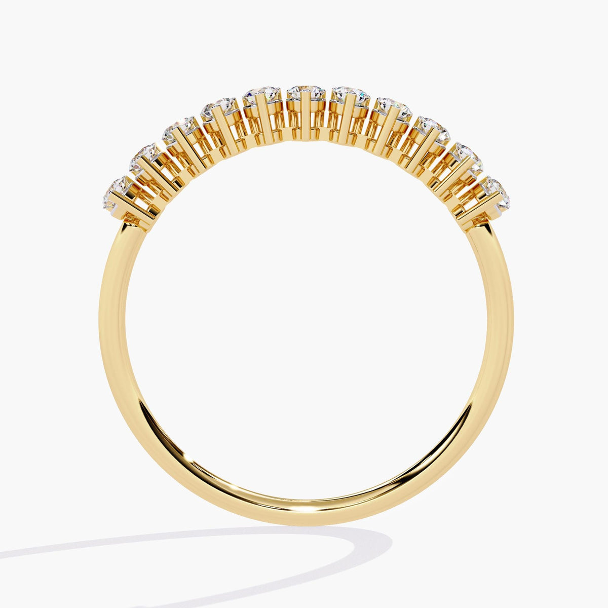 Back view of a 14K yellow gold stacking ring featuring natural round diamonds in a half-eternity setting — perfect for daily wear or as a thoughtful anniversary ring.