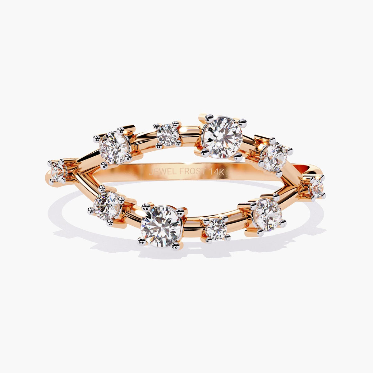 Front view of a 14K rose gold two-row open ring featuring round diamonds in 4-prong settings, arranged in a soft curved silhouette for a light and airy stacking look.