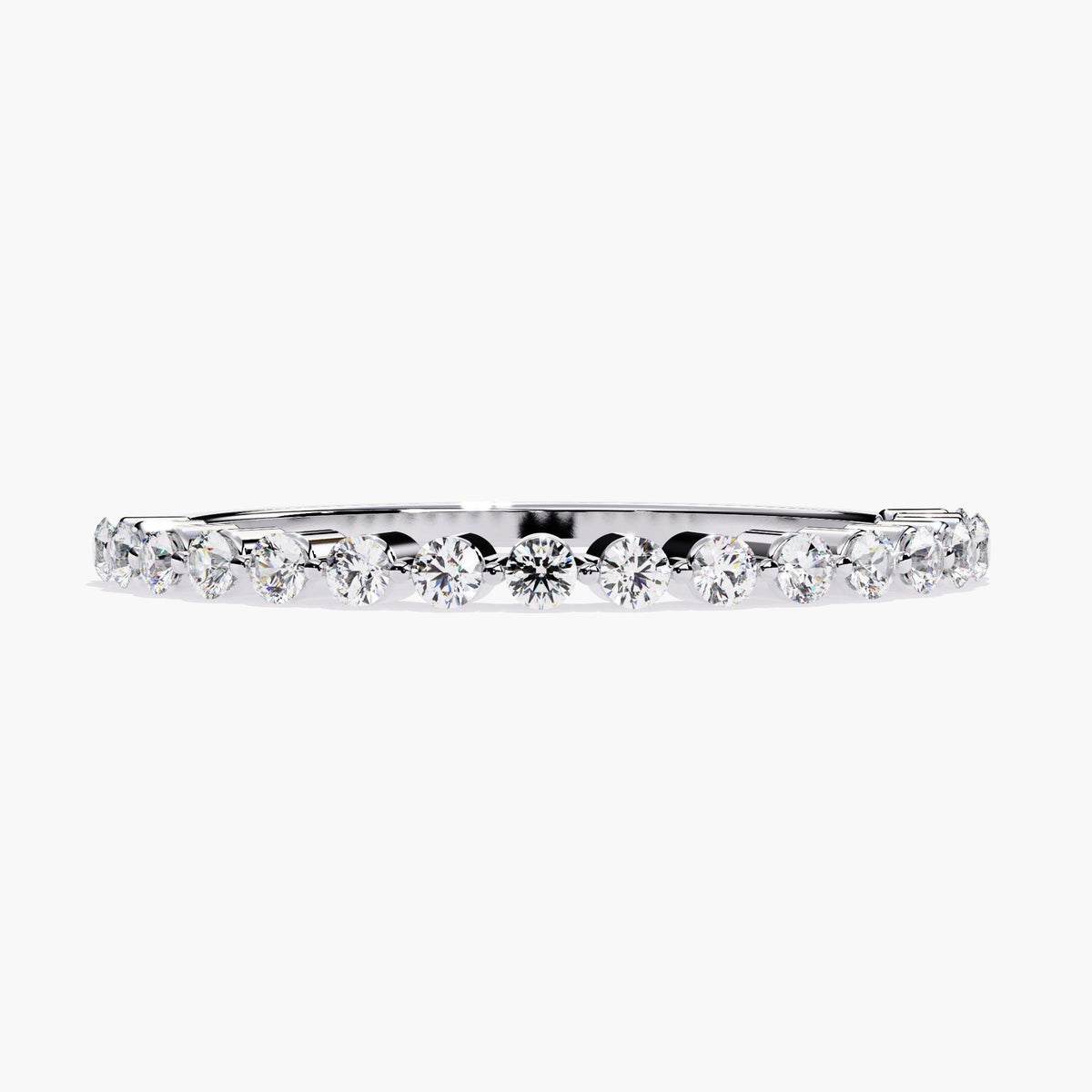 Front view of a half eternity diamond ring in 14k white gold featuring round lab-grown diamonds in a floating single prong setting. This clean, open design offers maximum sparkle with a minimal-metal profile—perfect for stacking or wearing as a modern wedding band.