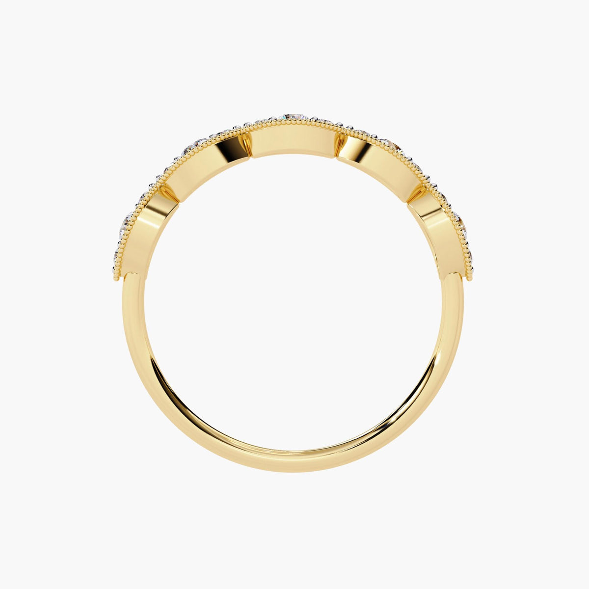 Top-down view of a 14k yellow gold ring showing the structured base of five marquise-shaped diamond bezels. The settings rise slightly from the band and are evenly spaced across the top half, giving the ring a classic half-eternity silhouette. Ideal for daily wear or as a refined bridal stacking piece.