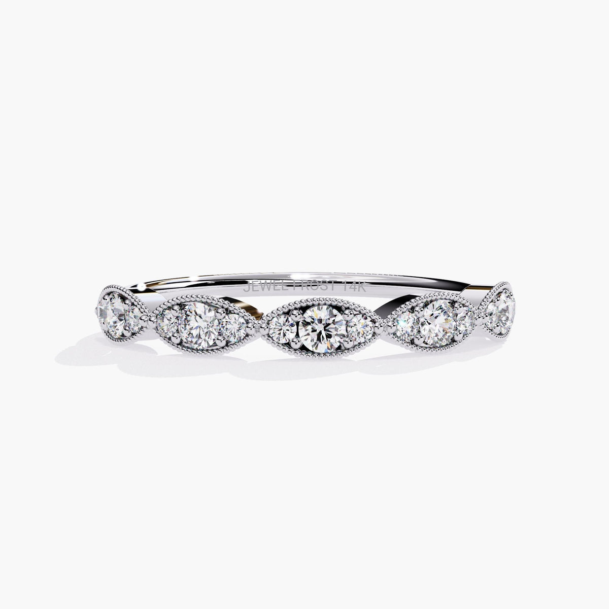 Front view of a 14k white gold ring featuring five marquise-shaped bezels, each holding three round lab-grown diamonds. The cool-toned metal and detailed milgrain edges give the ring a crisp, vintage feel. A versatile design suited for wedding, promise, or fine stacking rings.