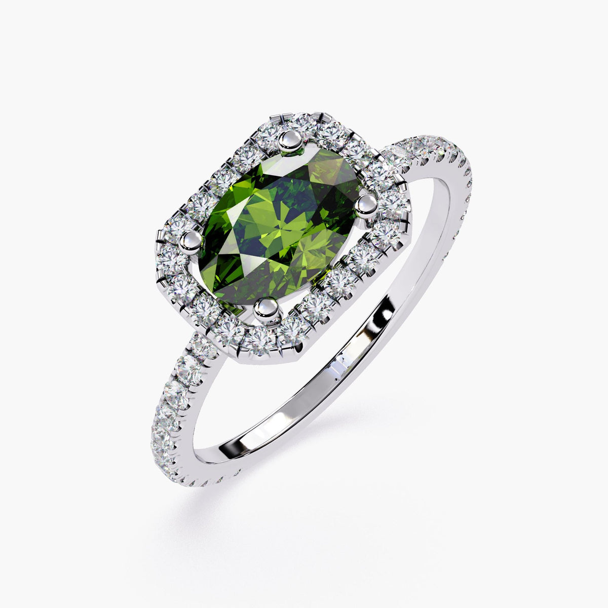 14k Classic Oval Cut Emerald Ring with Surrounding Diamonds