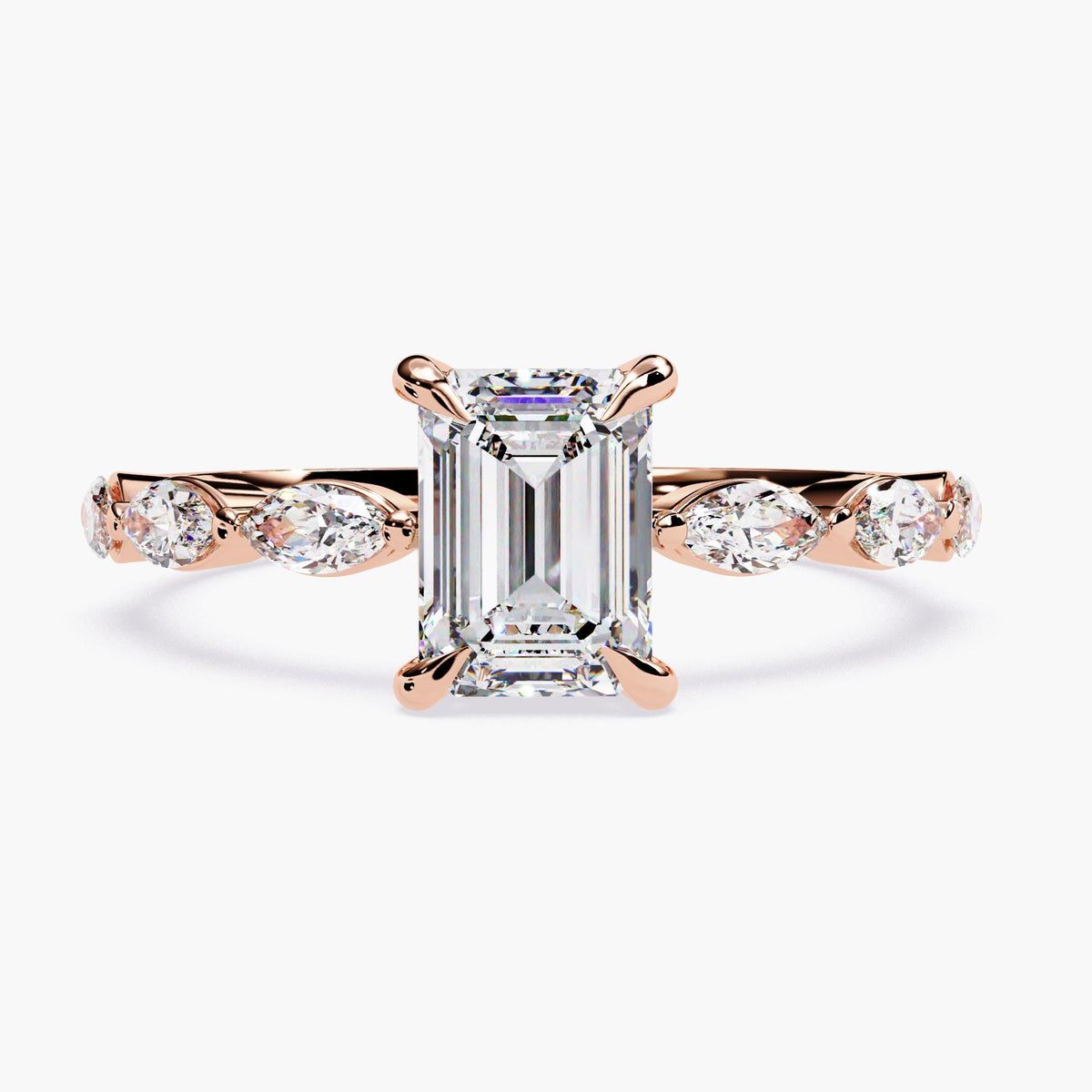 A rose gold emerald-cut moissanite engagement ring. The ring features a large, radiant emerald-cut moissanite center stone.