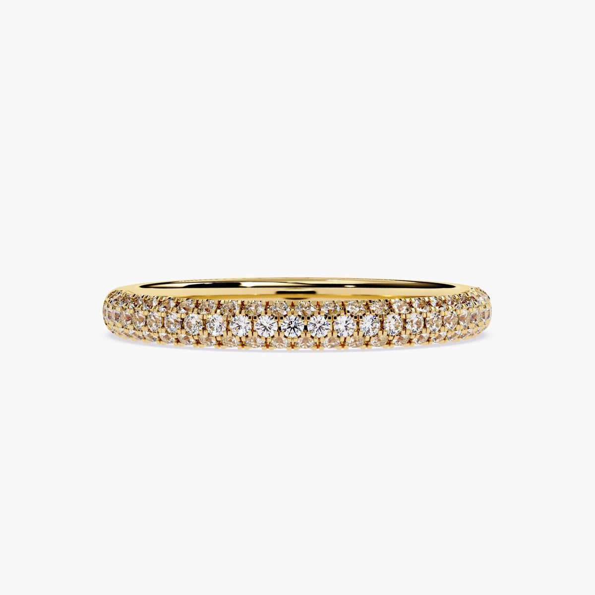 A yellow gold band featuring a row of small, clear diamonds set around half of the band.
