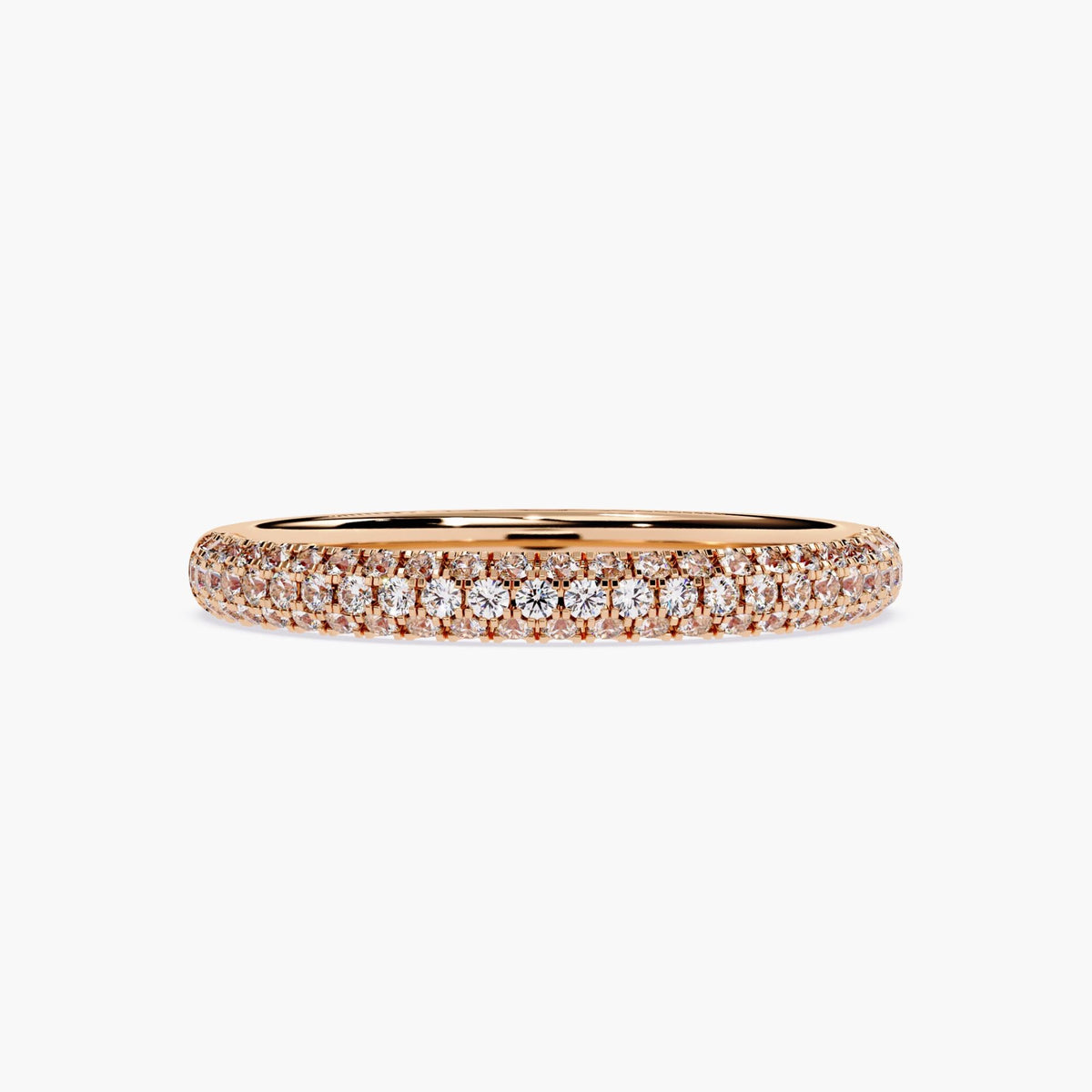 A rose gold band featuring a row of small, clear diamonds set around half of the band.