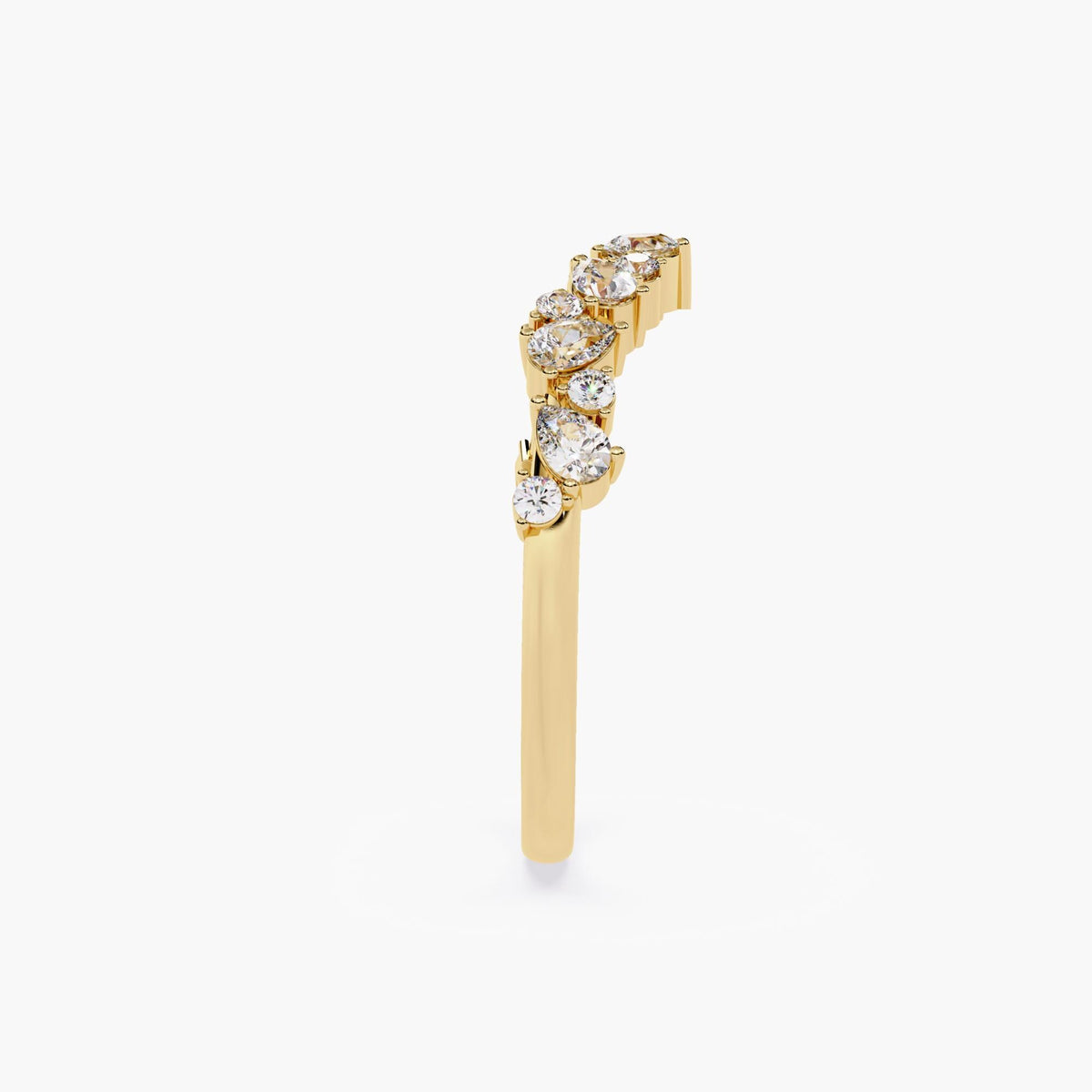 A curved gold half eternity ring with marquise and round shaped diamonds.