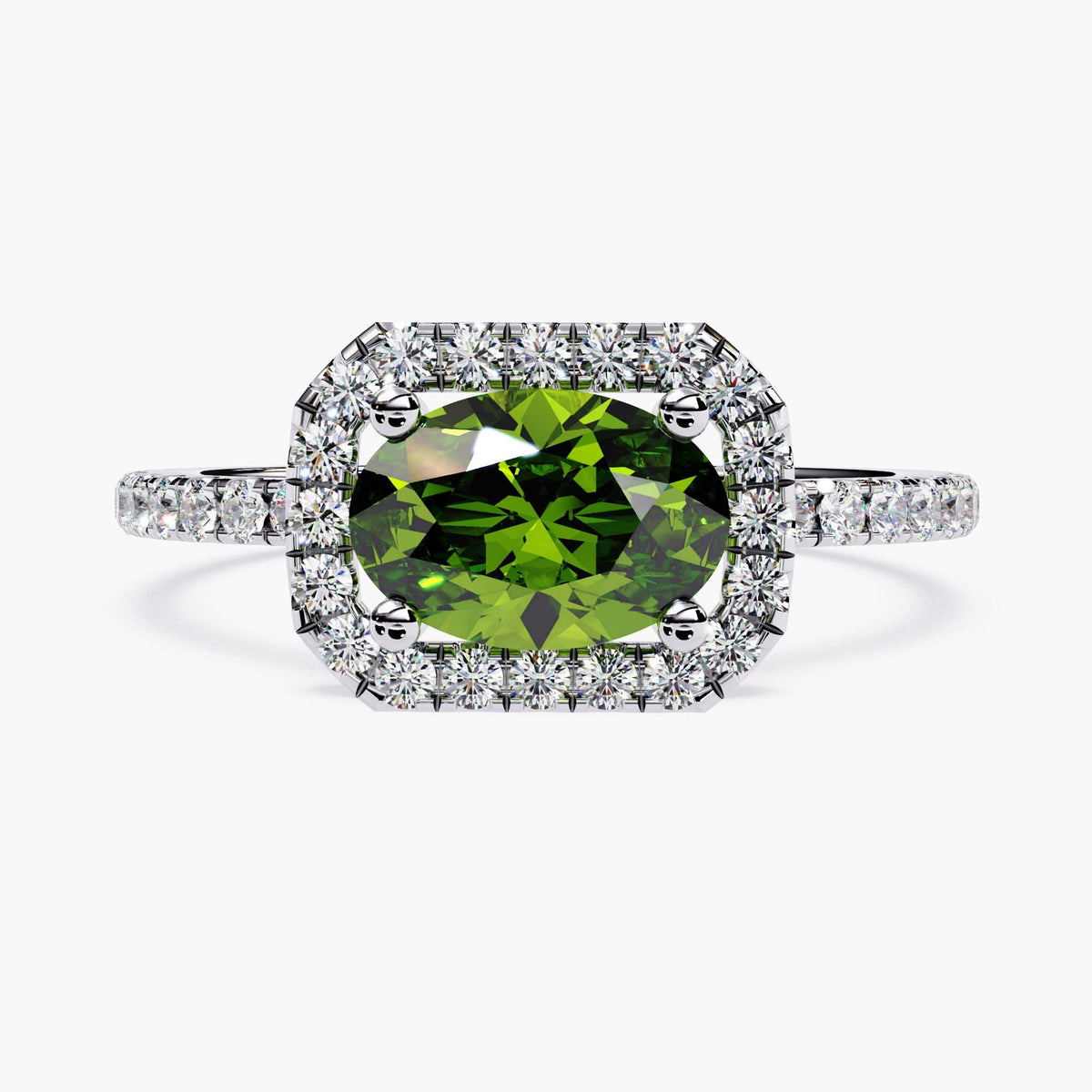 14k Classic Oval Cut Emerald Ring with Surrounding Diamonds