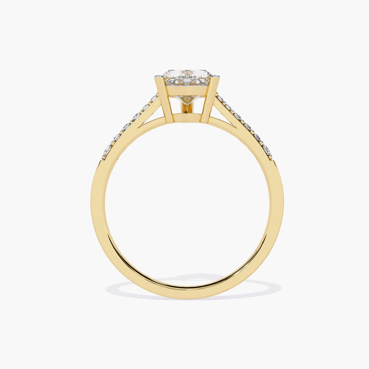 A gold ring band featuring a heart-shaped diamond center stone, adorned with small round-cut stones on the sides.