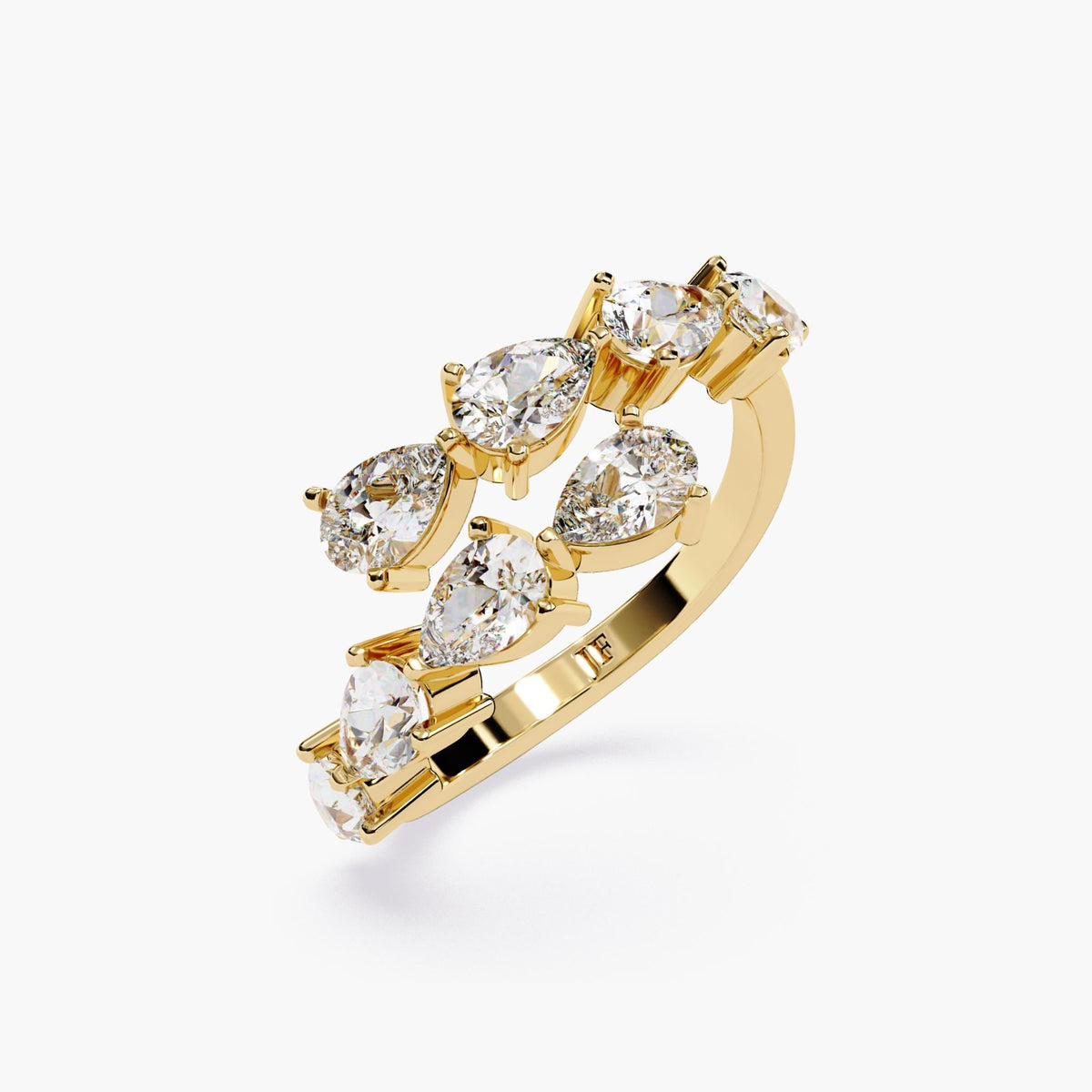 A yellow gold ring with a double row of clear diamond stones. The ring is open and has a curved shape.