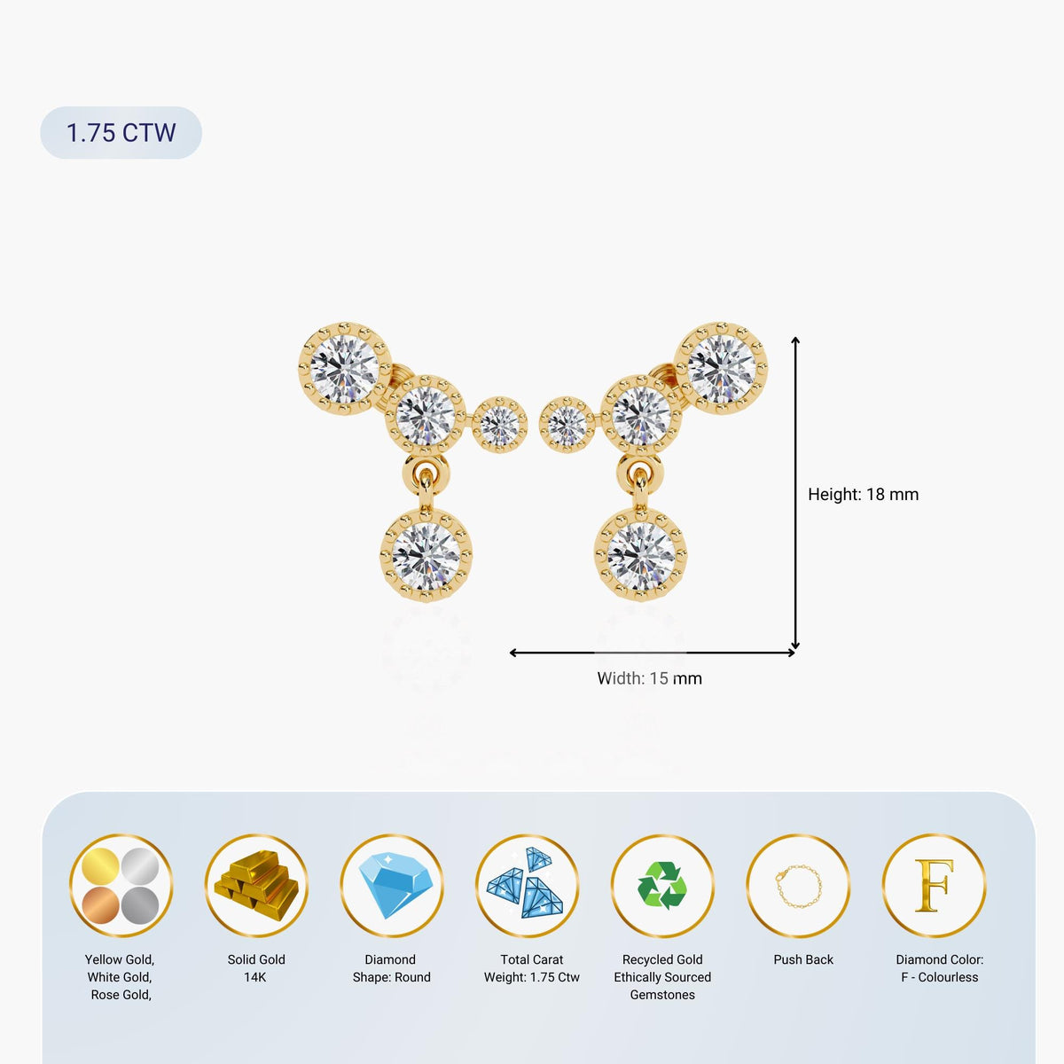 14K Gold Round Lab Grown Diamond Ear Climber Earrings, 1.80 CTW, Bezel Set