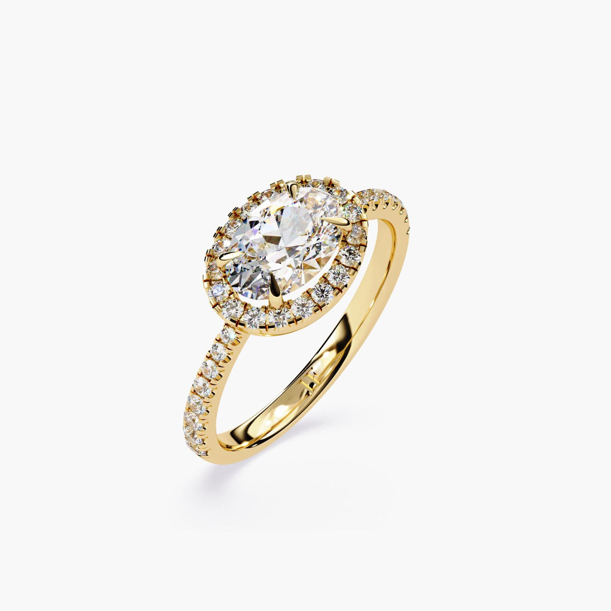 Modern Engagement Ring Diamond Halo Design East West Setting Premium Yellow Gold Band Oval Stone Collection Perfect Proposal Piece Wedding Symbol Beautiful Accent Details Elegant Bridal Essential Forever Love Token Unique Style Statement
