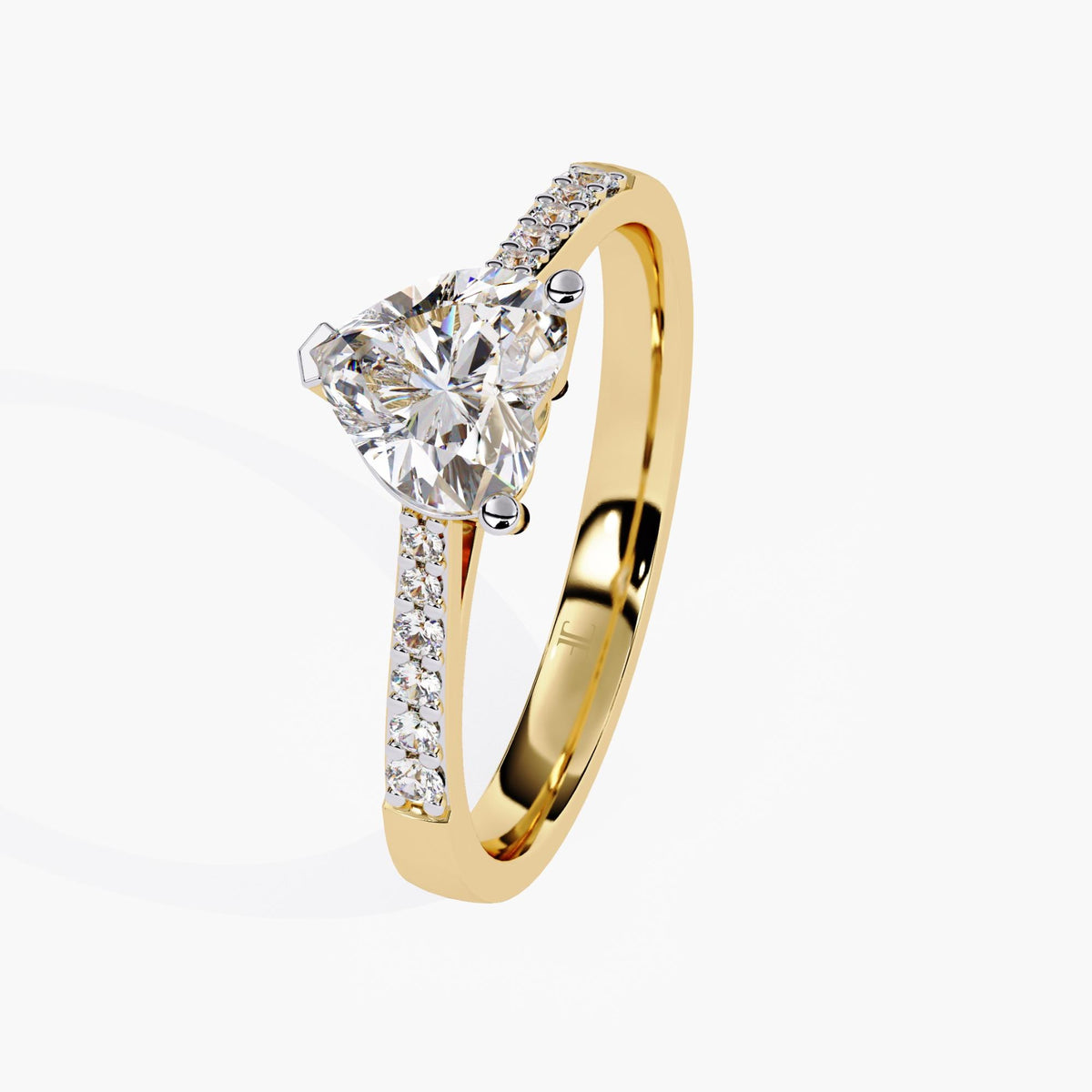 A gold ring band featuring a heart-shaped diamond center stone, adorned with small round-cut stones on the sides.