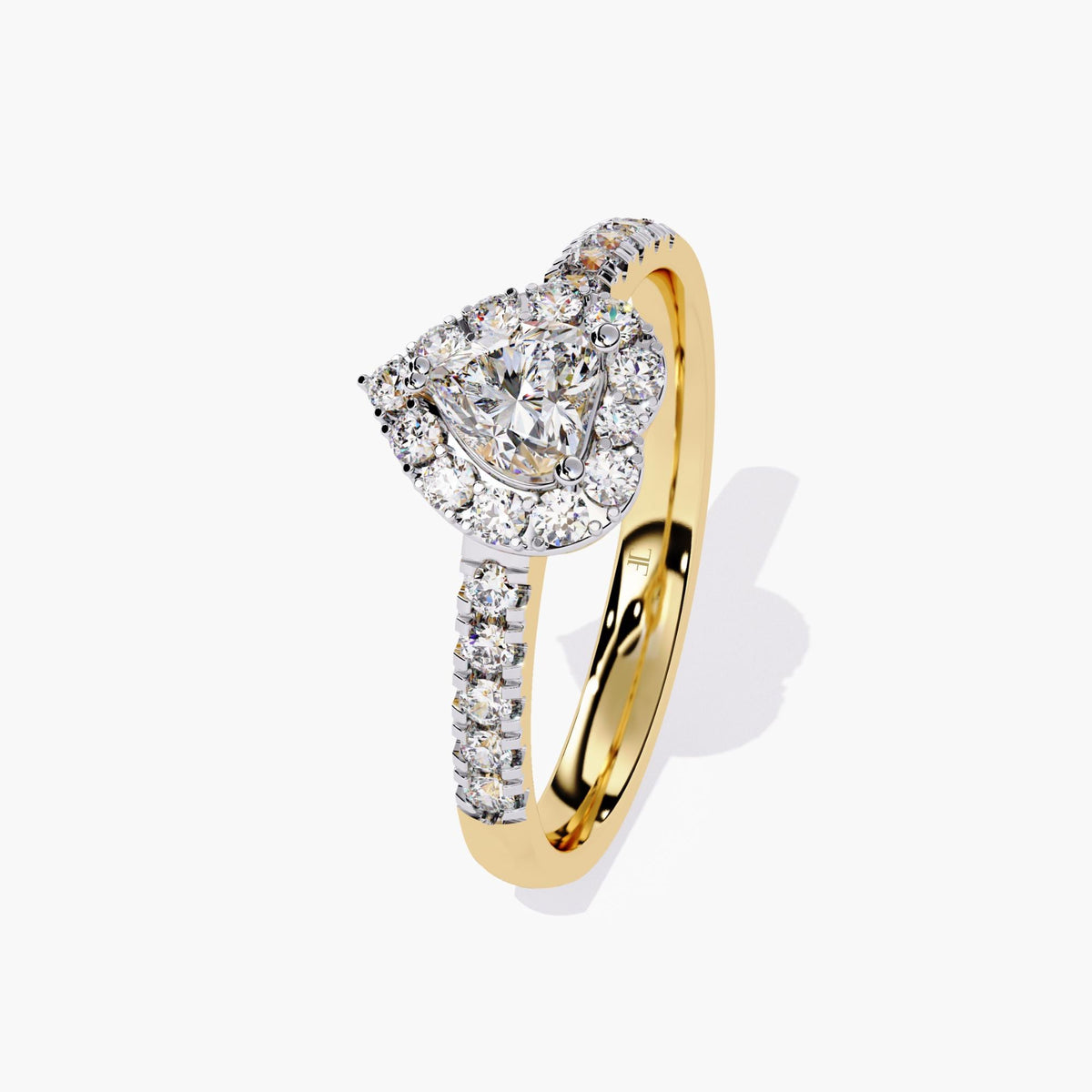 A heart-shaped diamond engagement ring with a halo setting and a gold band. the ring has a thick supportive band. there are diamond accents on the band.