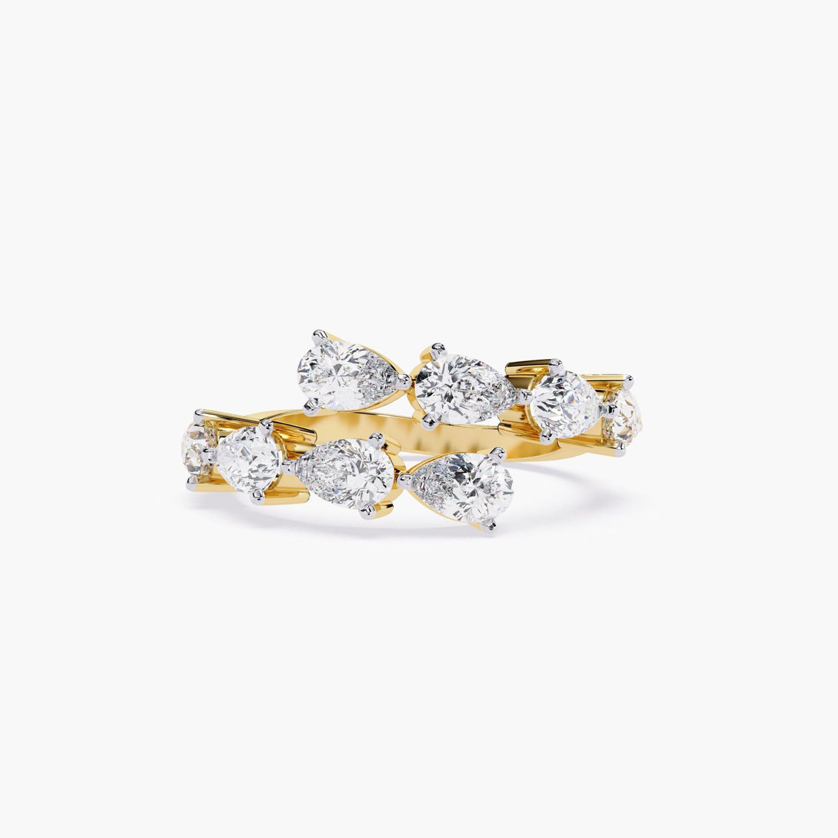A yellow gold ring with a double row of clear diamond stones. The ring is open and has a curved shape.