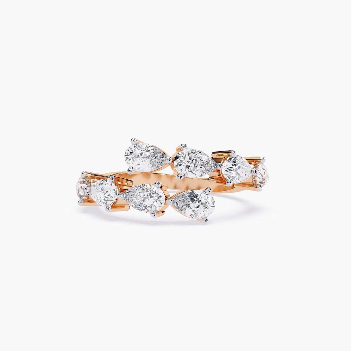 A rose gold ring with a double row of clear diamond stones. The ring is open and has a curved shape.