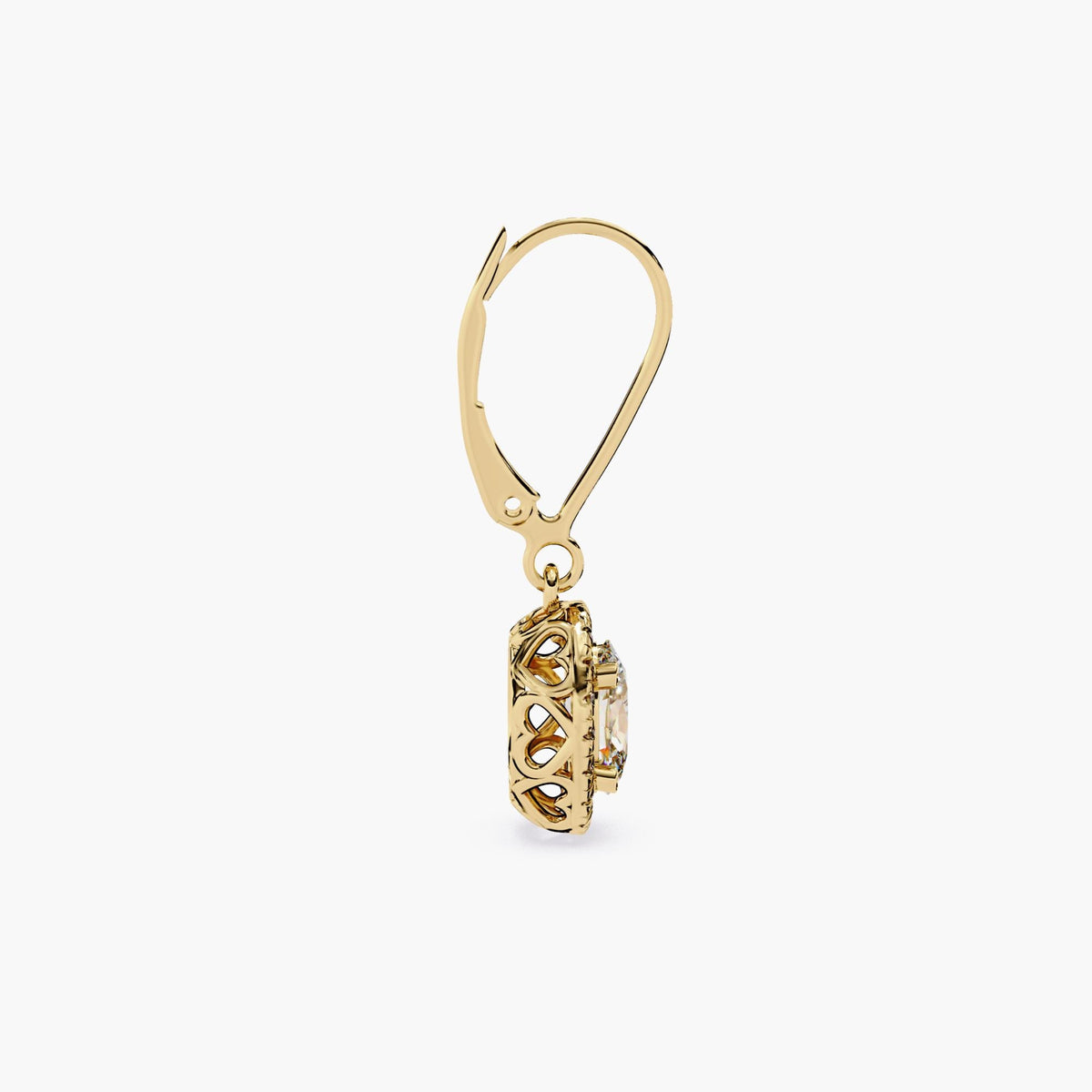 14K gold leverback earring showcasing a heart-shaped filigree gallery beneath an oval lab-grown diamond. The openwork design adds vintage charm and allows light to pass through the setting for added brilliance.