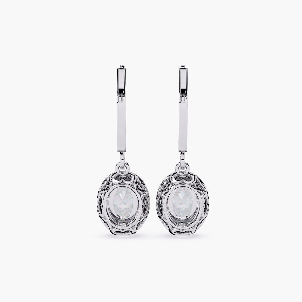 14K white gold leverback earrings showcasing oval lab-grown diamonds with an open heart-pattern filigree gallery. The intricate metalwork highlights the vintage-inspired design from every angle.