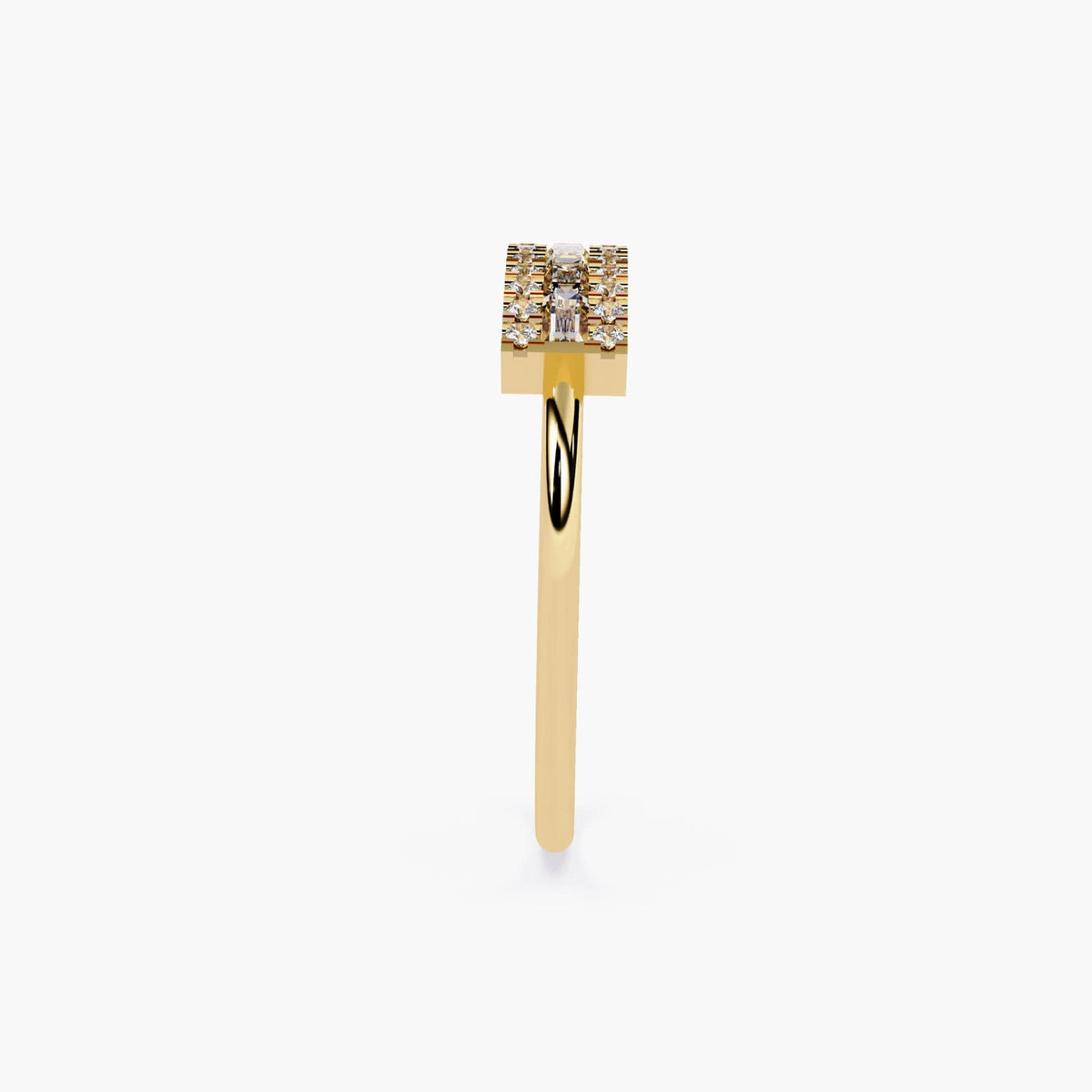 Side profile of a 14k yellow gold diamond ring showing the flat three-row top with baguette and round diamonds. The slim band is smooth and polished, highlighting the low-profile, stackable design.