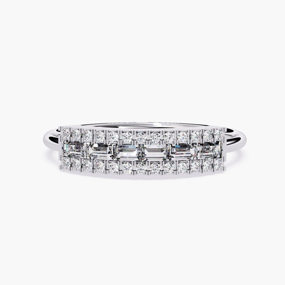 Baguette and Round Diamond Band, Gold Diamond Baguette Half Eternity Ring, Micropave Diamond Wedding Band