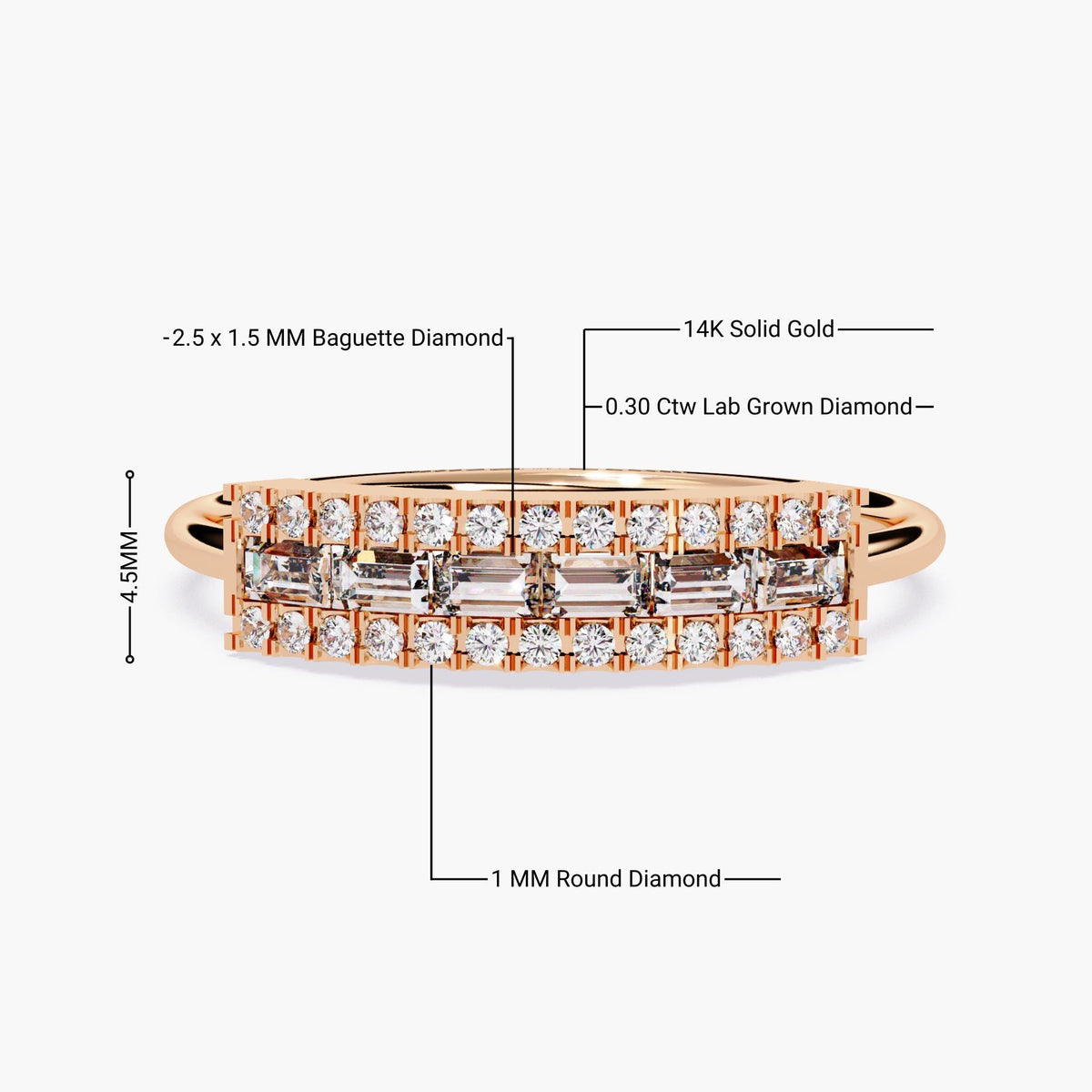 Baguette and Round Diamond Band, Gold Diamond Baguette Half Eternity Ring, Micropave Diamond Wedding Band