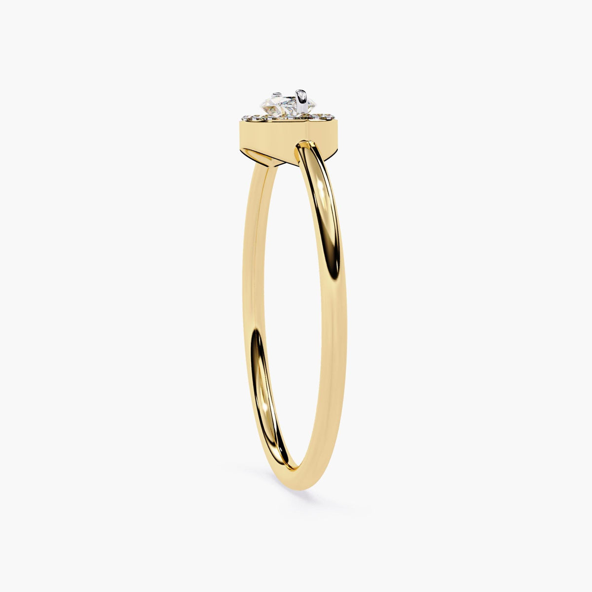 14k yellow gold marquise halo ring, highlighting the thin polished band and the structured flat basket setting. The center marquise diamond is set horizontally, surrounded by a halo of tiny round diamonds for a delicate yet contemporary style.