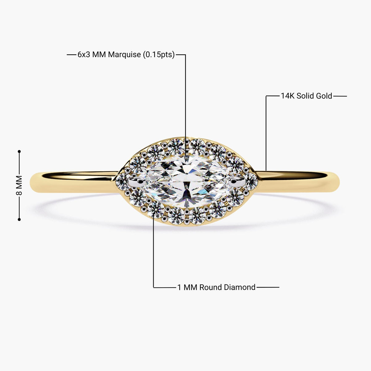 marquise halo diamond ring in 14k yellow gold, labeled with dimensions. The center features a 6x3mm marquise-cut diamond set east-west, surrounded by a pavé halo of 1mm round natural diamonds. The slim solid gold band adds a delicate and classic finish, ideal for minimalist bridal jewelry or promise rings. The overall face of the ring measures approximately 8mm in height.