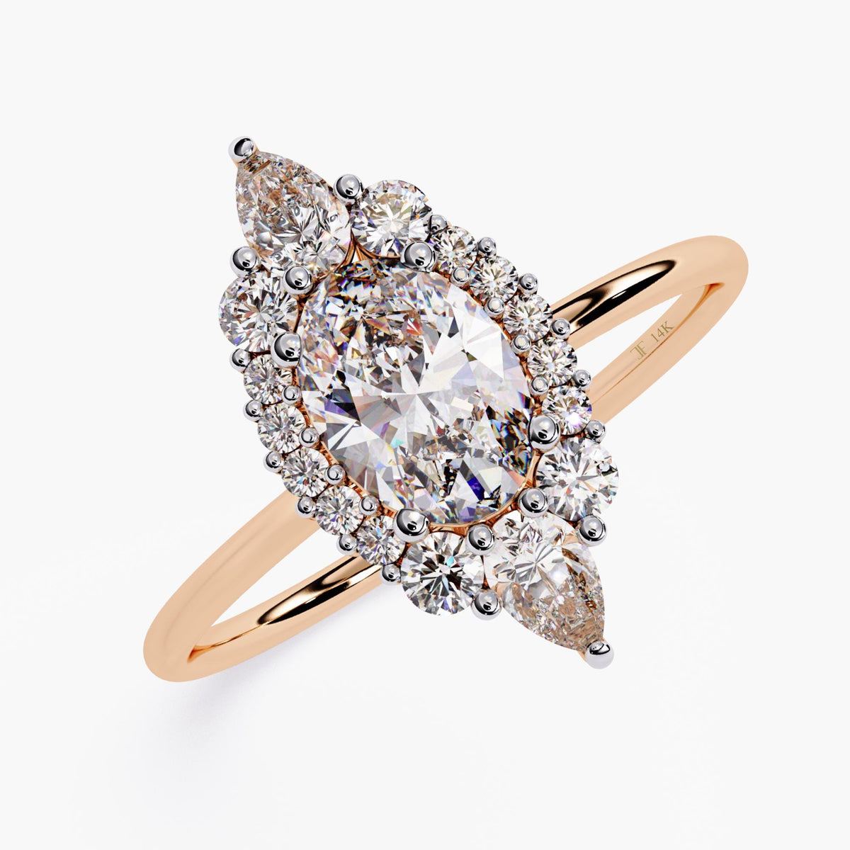 14K Gold Oval Natural Diamond Starburst Halo Ring, 1 CTW