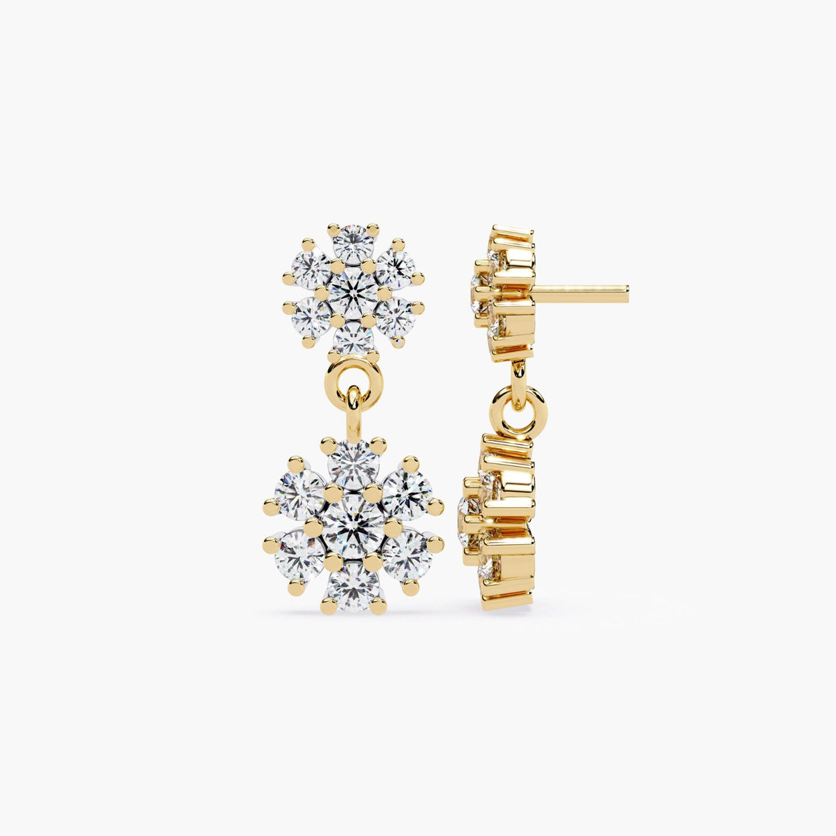 14K Gold Round Lab Grown Diamond Flower Drop Earrings, 1 CTW