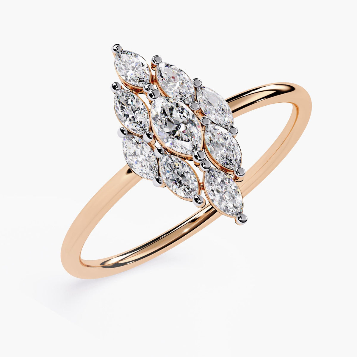 Yellow Gold Ring Vintage Marquise Diamond Cluster Art Deco Design Statement Piece Stackable Band Nine Stone Setting Premium Quality Construction Beautiful Handcrafted Details Classic Elegant Style Forever Ring Collection